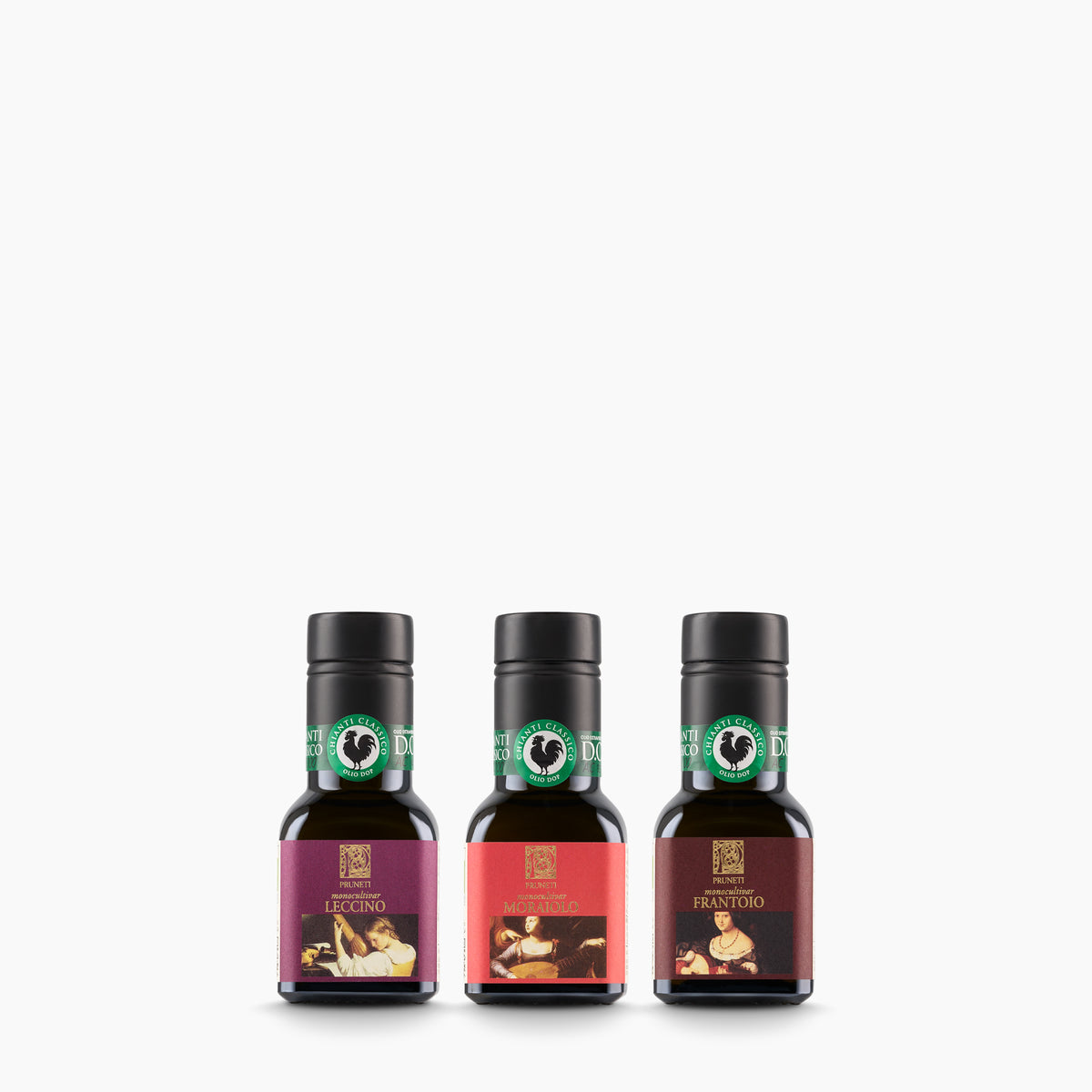 Pruneti Organic Monocultivar Sampler set with three 100 ml bottles; Leccino, Moraiolo, Frantoio.