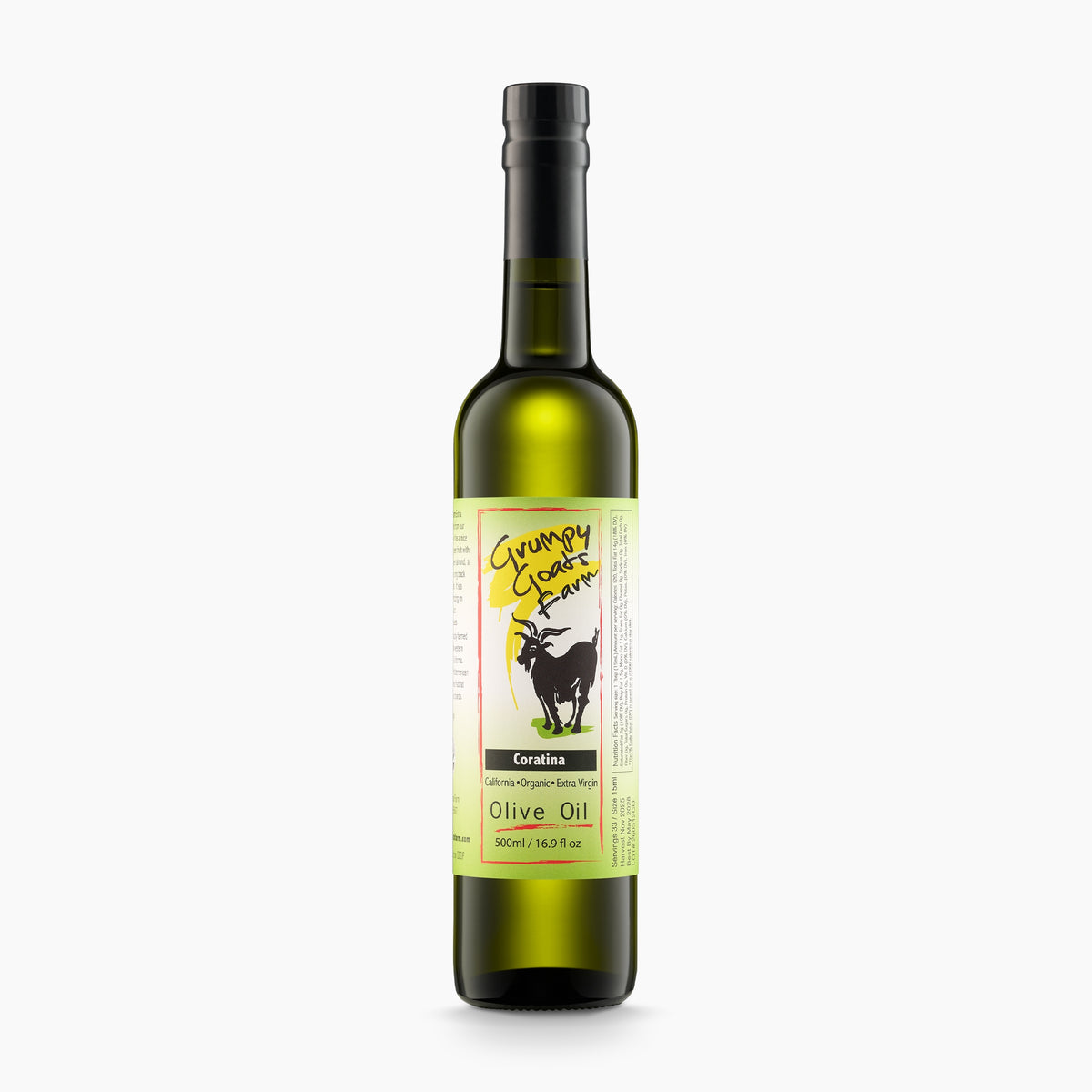 500 ml Grumpy Goats Organic Coratina extra virgin olive oil bottle from California, USA.