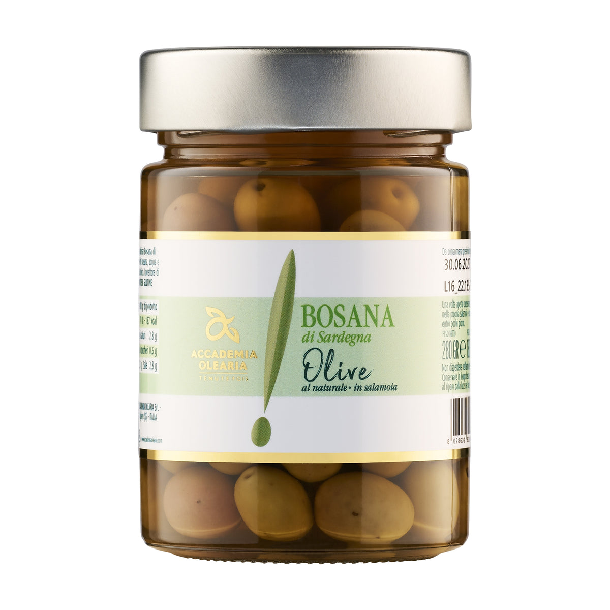180g jar of Accademia Olearia Bosana Olives in Brine from Italy.