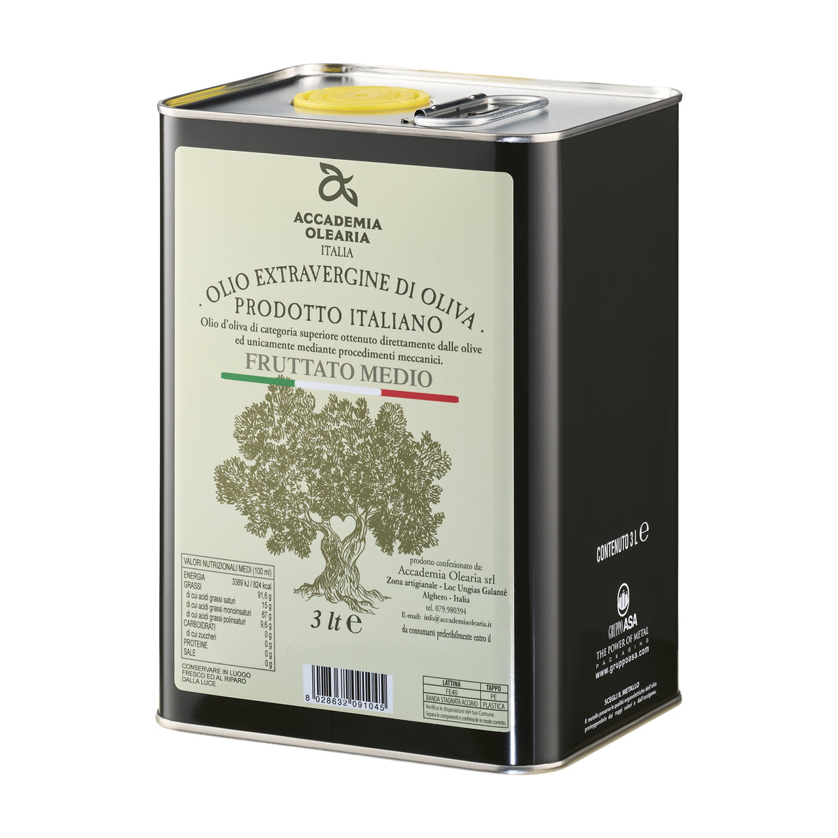 Angled view of Accademia Olearia Fruttato 3L extra virgin olive oil tin from Italy.