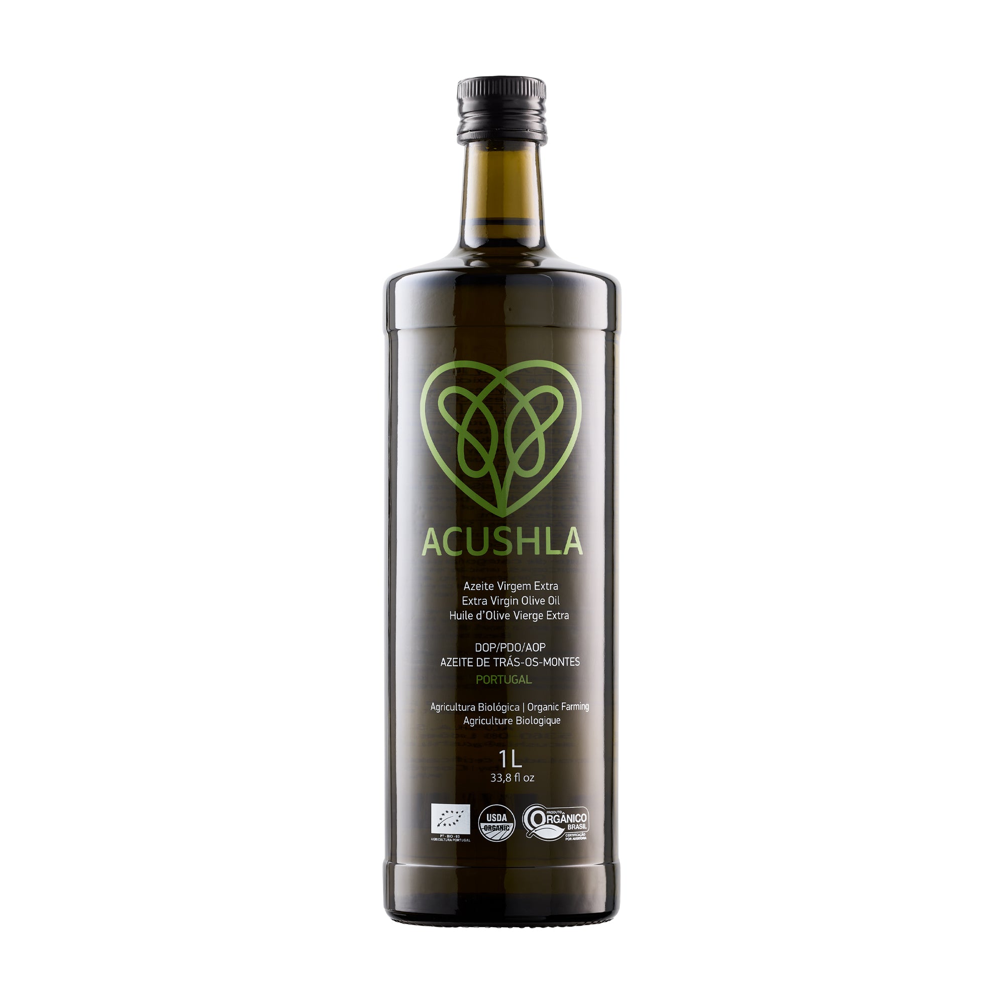 1L bottle of Acushla Organic DOP Trás-os-Montes extra virgin olive oil.