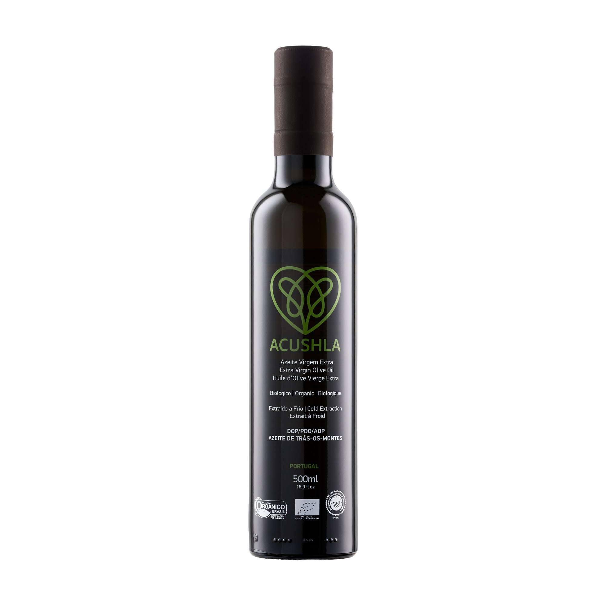 A 500 ml bottle of Acushla Organic DOP Trás-os-Montes extra virgin olive oil from Portugal.