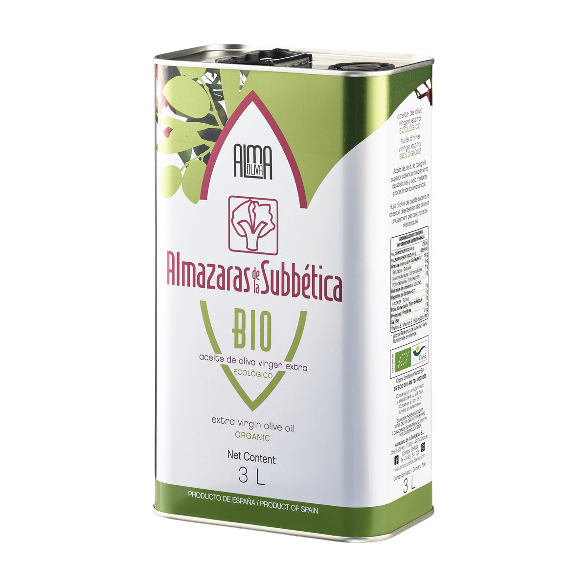 Angled view of 3L Tin of Almaoliva Bio extra virgin olive oil from Andalusia, Spain.
