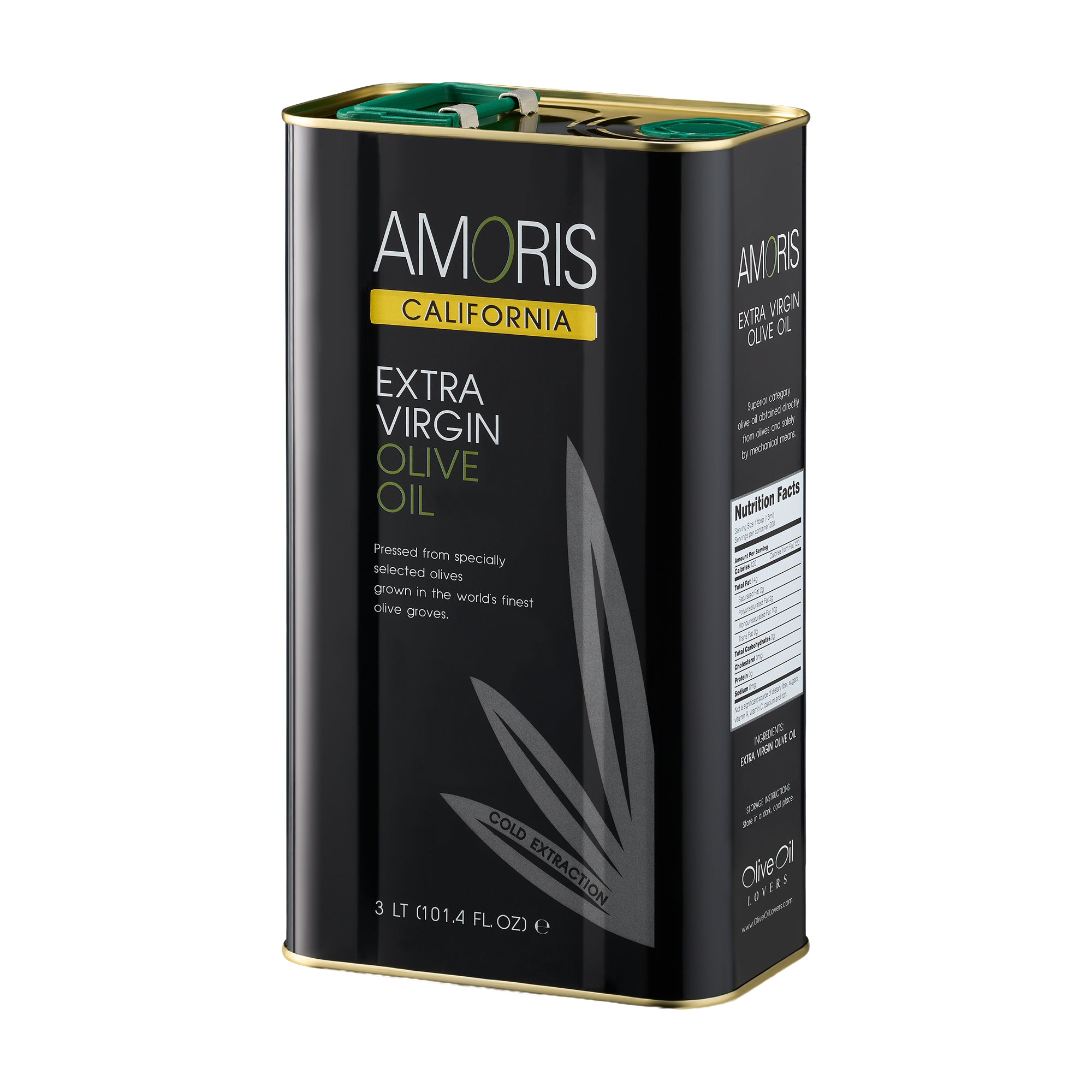Angled view of Amoris California 3L Tin extra virgin olive oil from California, United States.