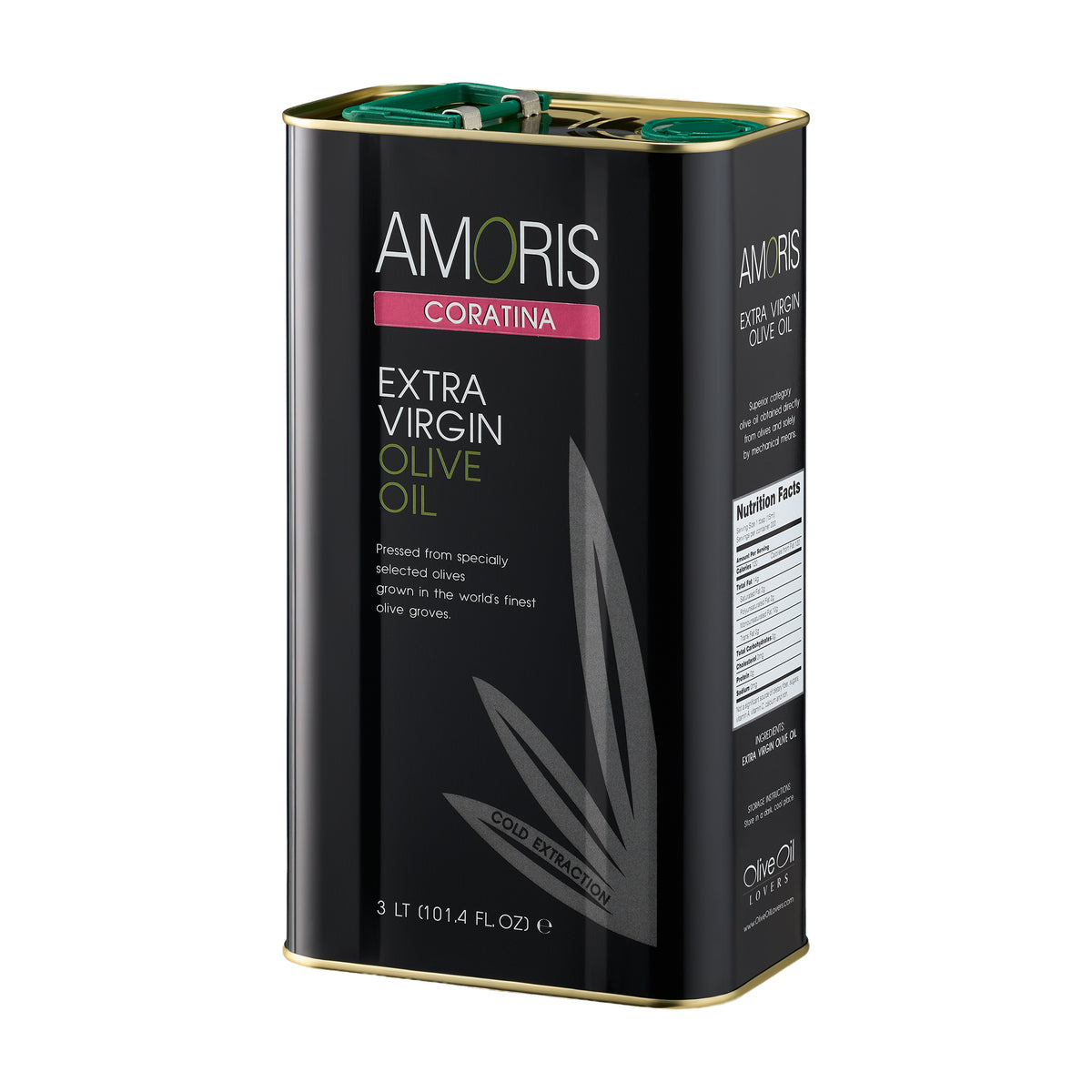 Angled view of Amoris Coratina 3L Tin extra virgin olive oil from Puglia, Italy.