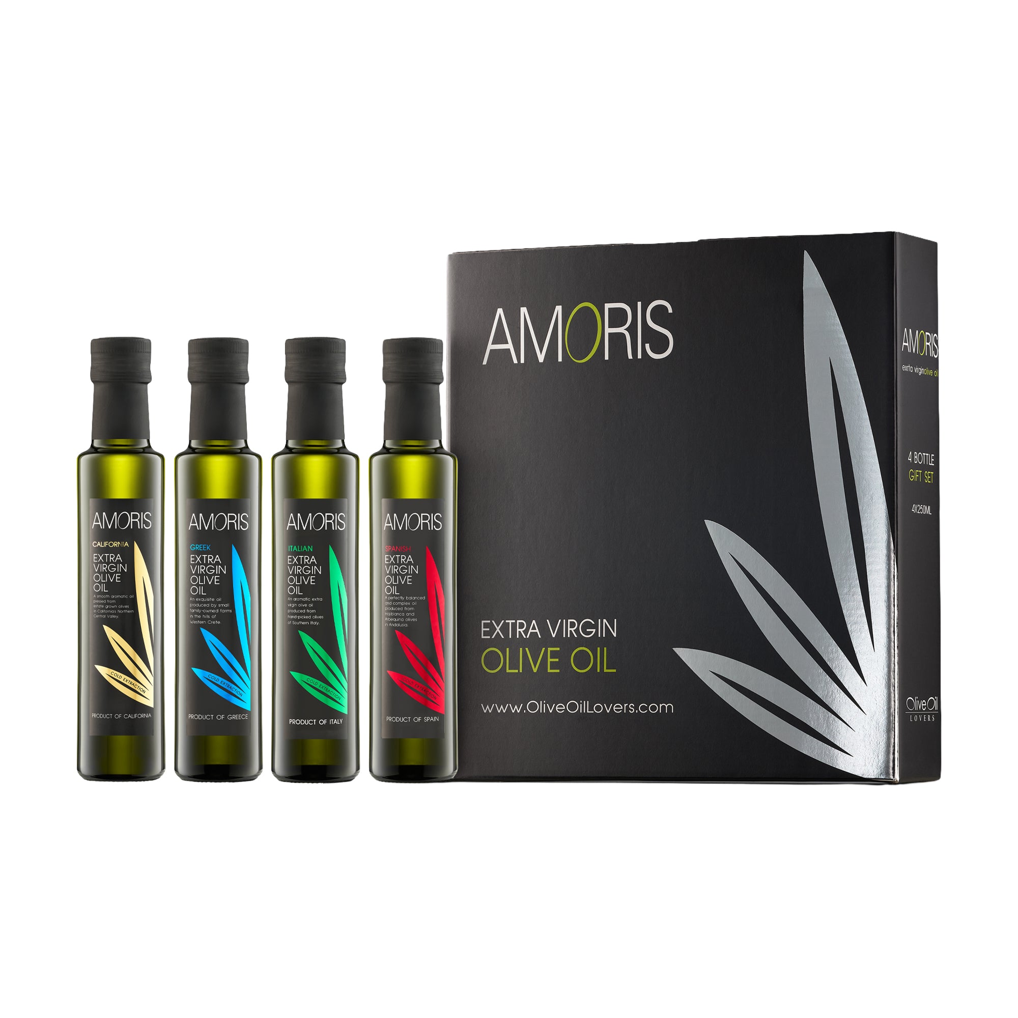 Four 250ml Amoris olive oils from California, Greece, Italy, and Spain beside an elegant gift box.