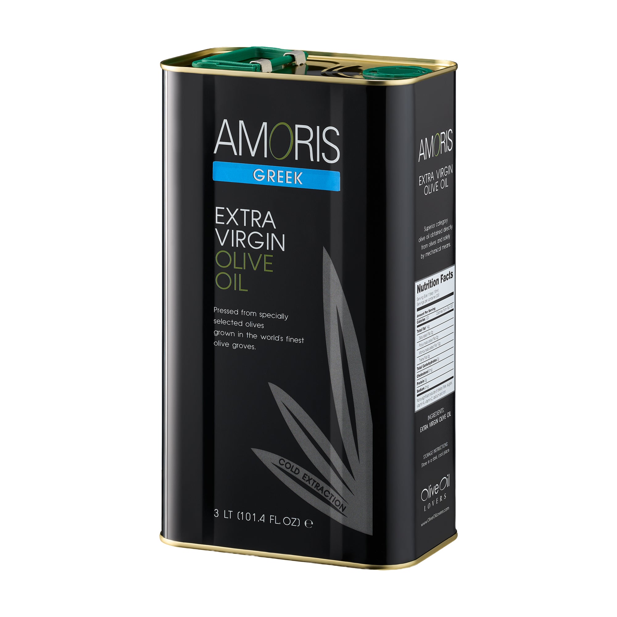 Angled view of Amoris Greek 3L Tin extra virgin olive oil from Crete, Greece.