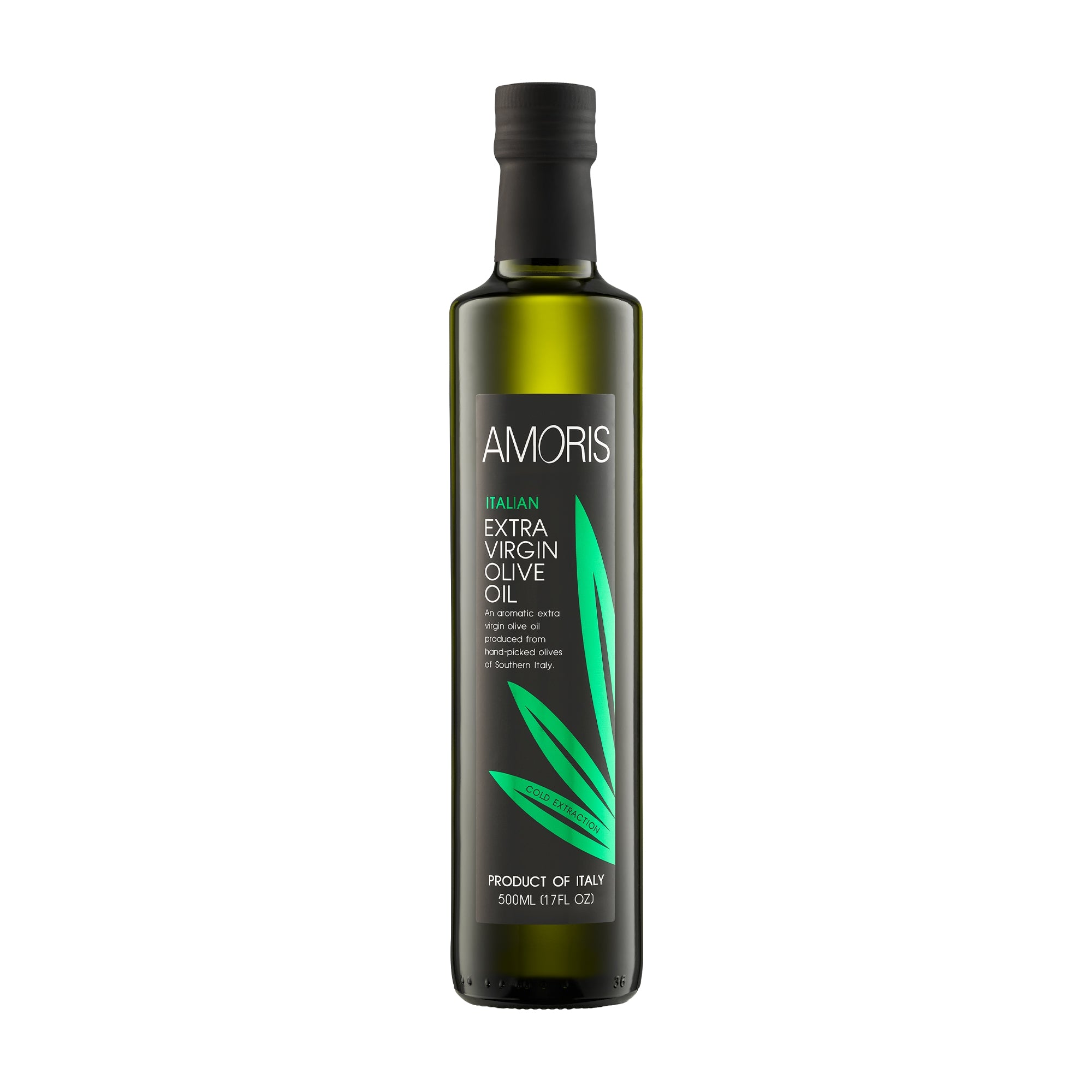 A 500 ml bottle of Amoris Italian extra virgin olive oil from Sicily, Italy.