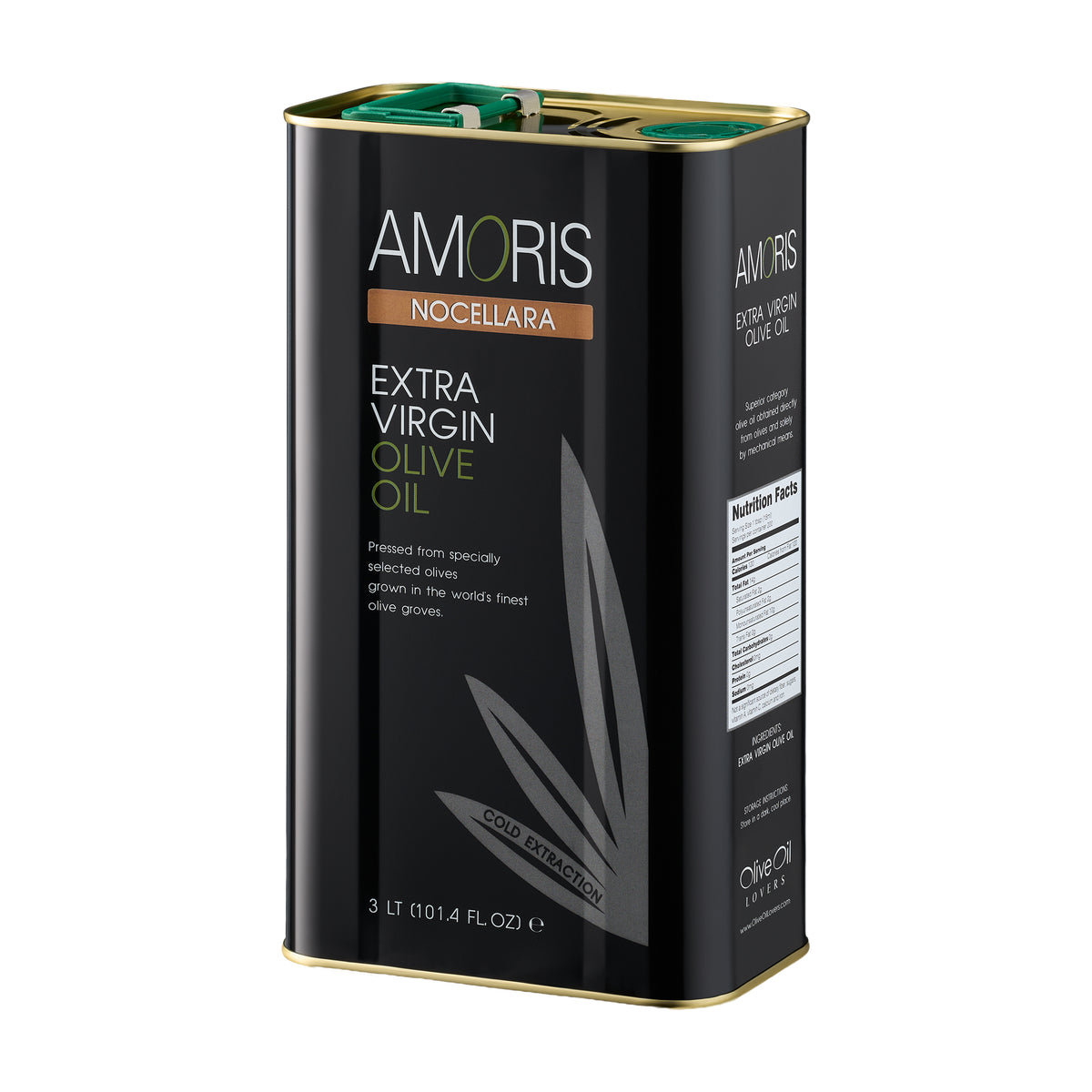 Angled view of Amoris Nocellara 3L Tin extra virgin olive oil from Sicily, Italy.