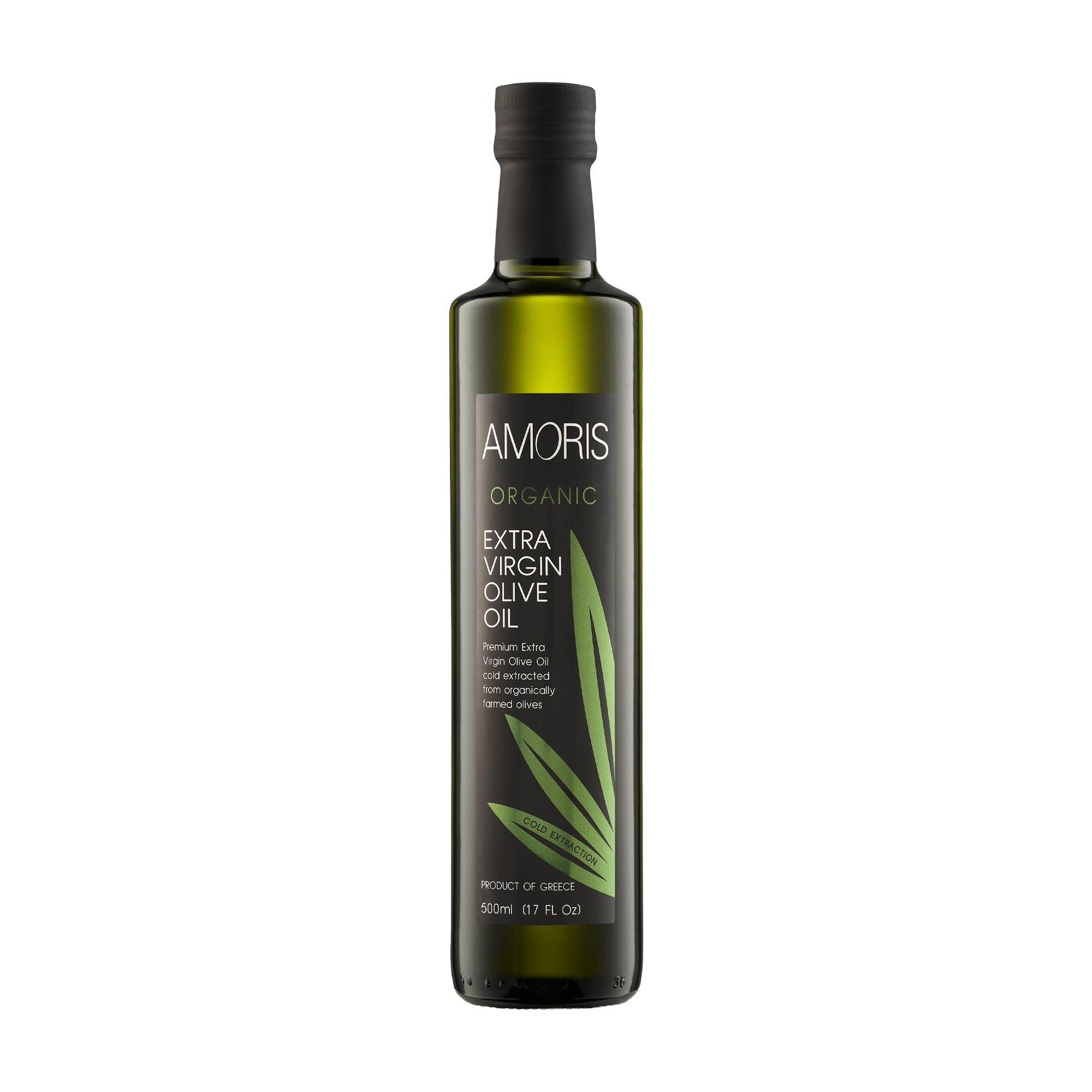 A 500 ml bottle of Amoris Organic extra virgin olive oil from Crete, Greece.
