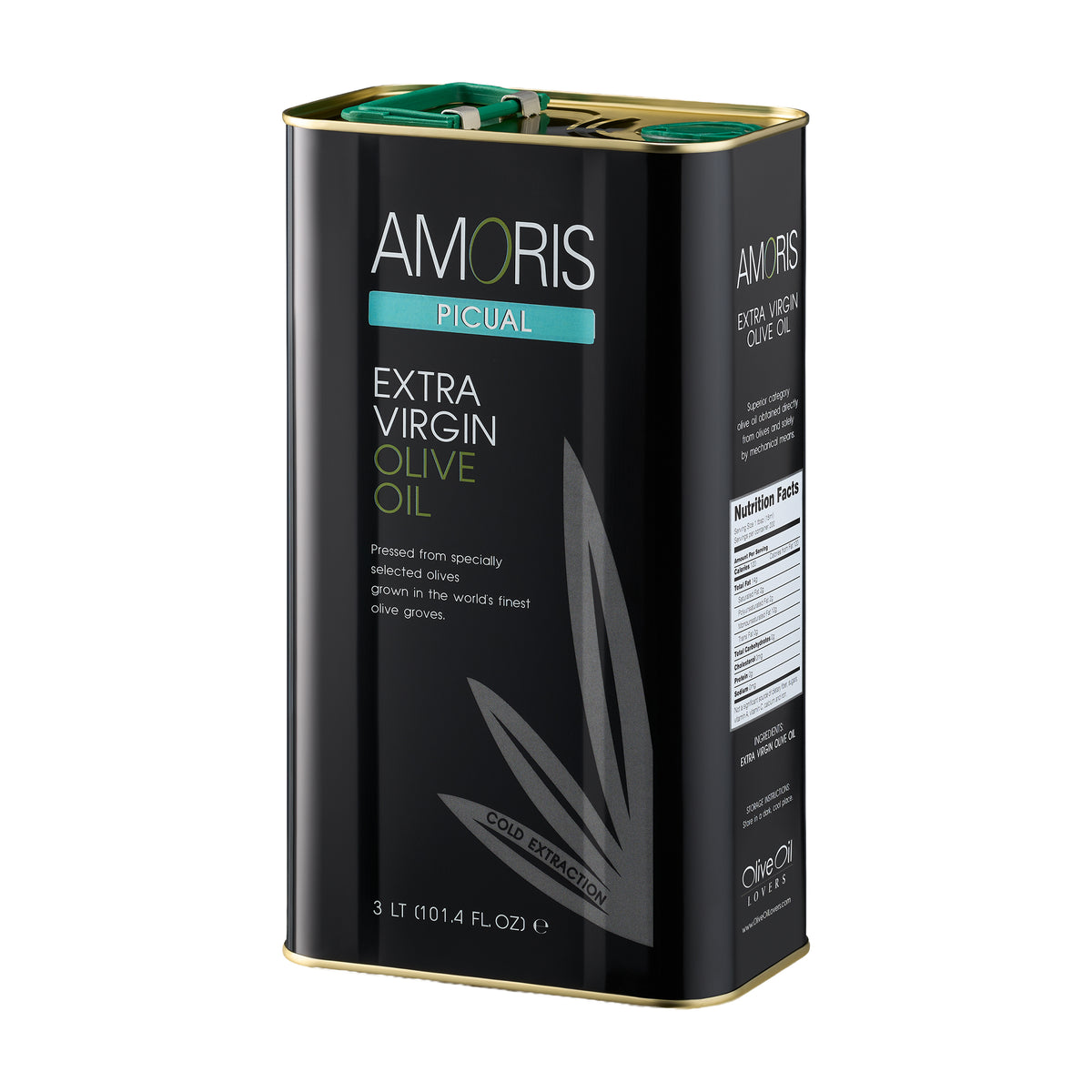 Angled view of Amoris Picual 3L Tin extra virgin olive oil from Andalusia, Spain.
