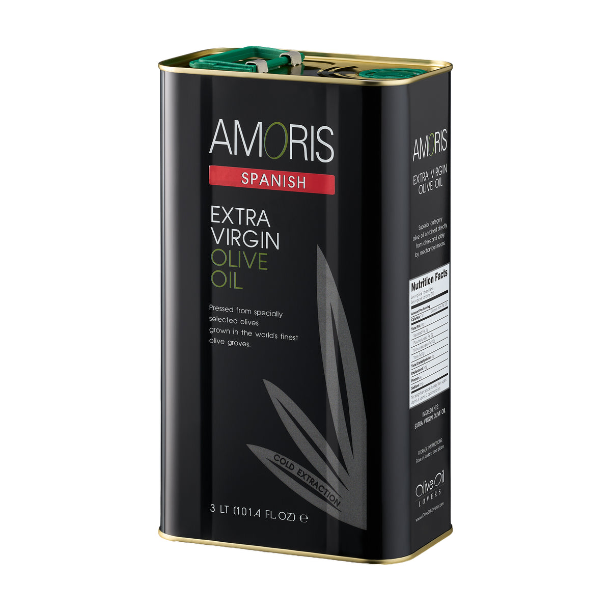 Angled view of Amoris Spanish 3L Tin extra virgin olive oil.