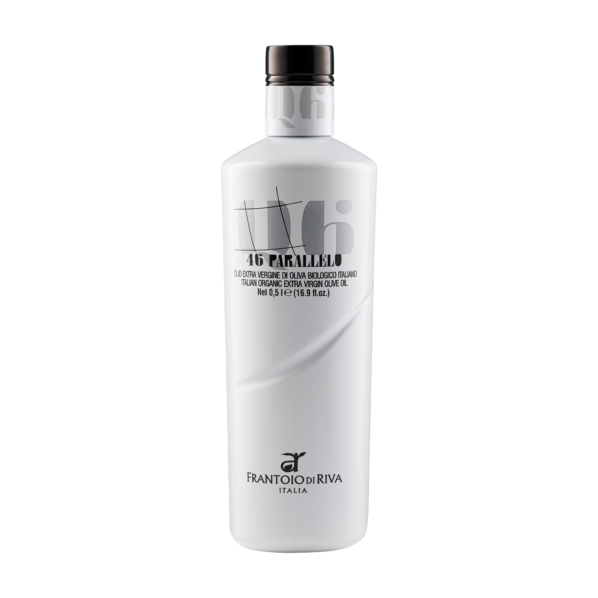 500 ml bottle of 46° Parallelo Organic extra virgin olive oil from Trentino Alto-Adige, Italy.