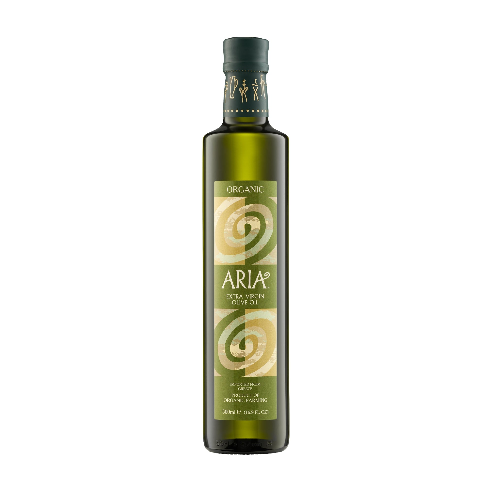 A 500 ml bottle of Aria Organic extra virgin olive oil from Crete, Greece.