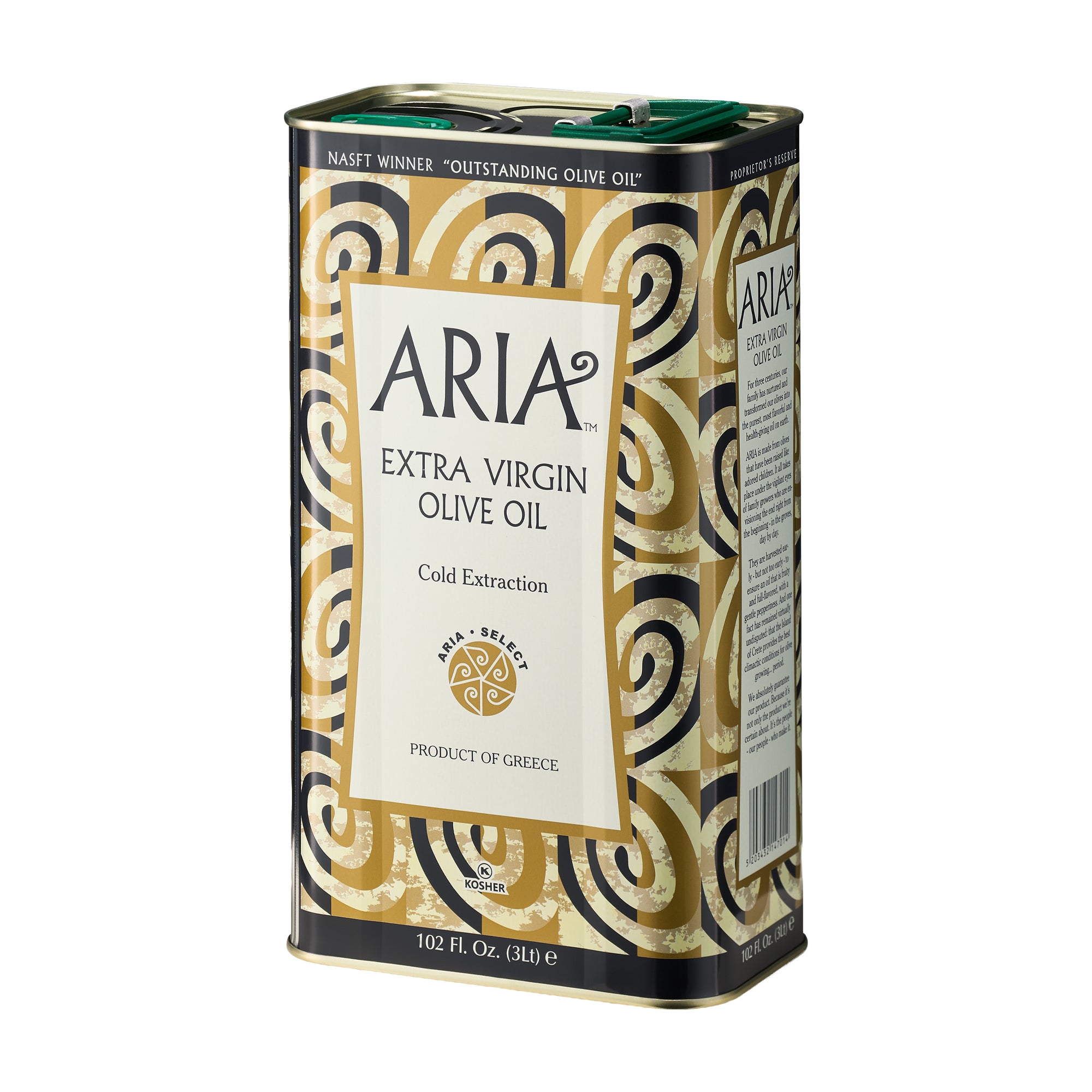 Angled view of Aria Greek 3L extra virgin olive oil tin, from Crete, Greece.