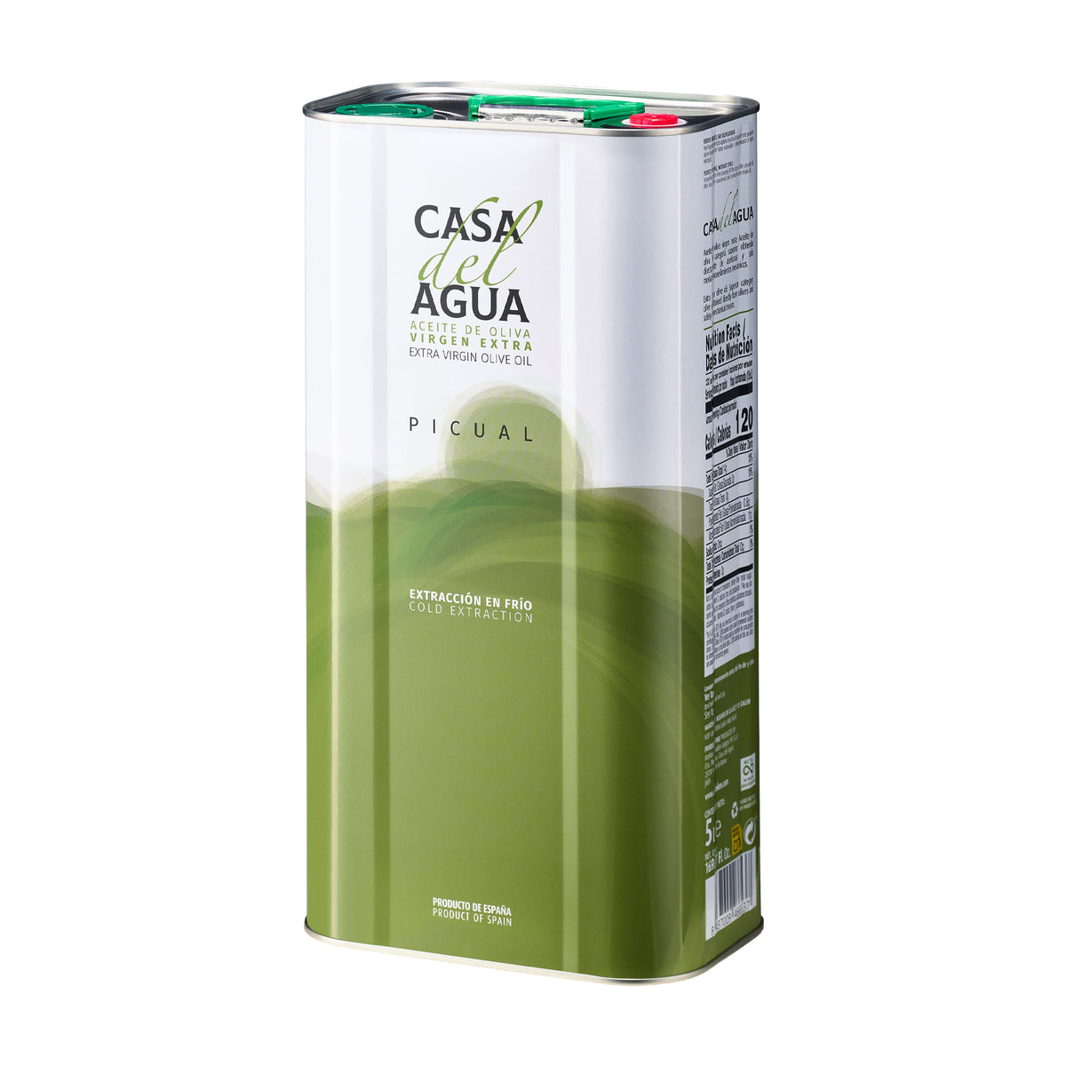 Angled view of Casa del Agua Picual 5L Tin extra virgin olive oil from Spain.