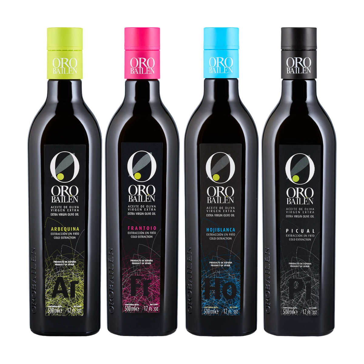 Four Oro Bailen Monocultivar olive oil bottles; Arbequina, Frantoio, Hojiblanca, and Picual.