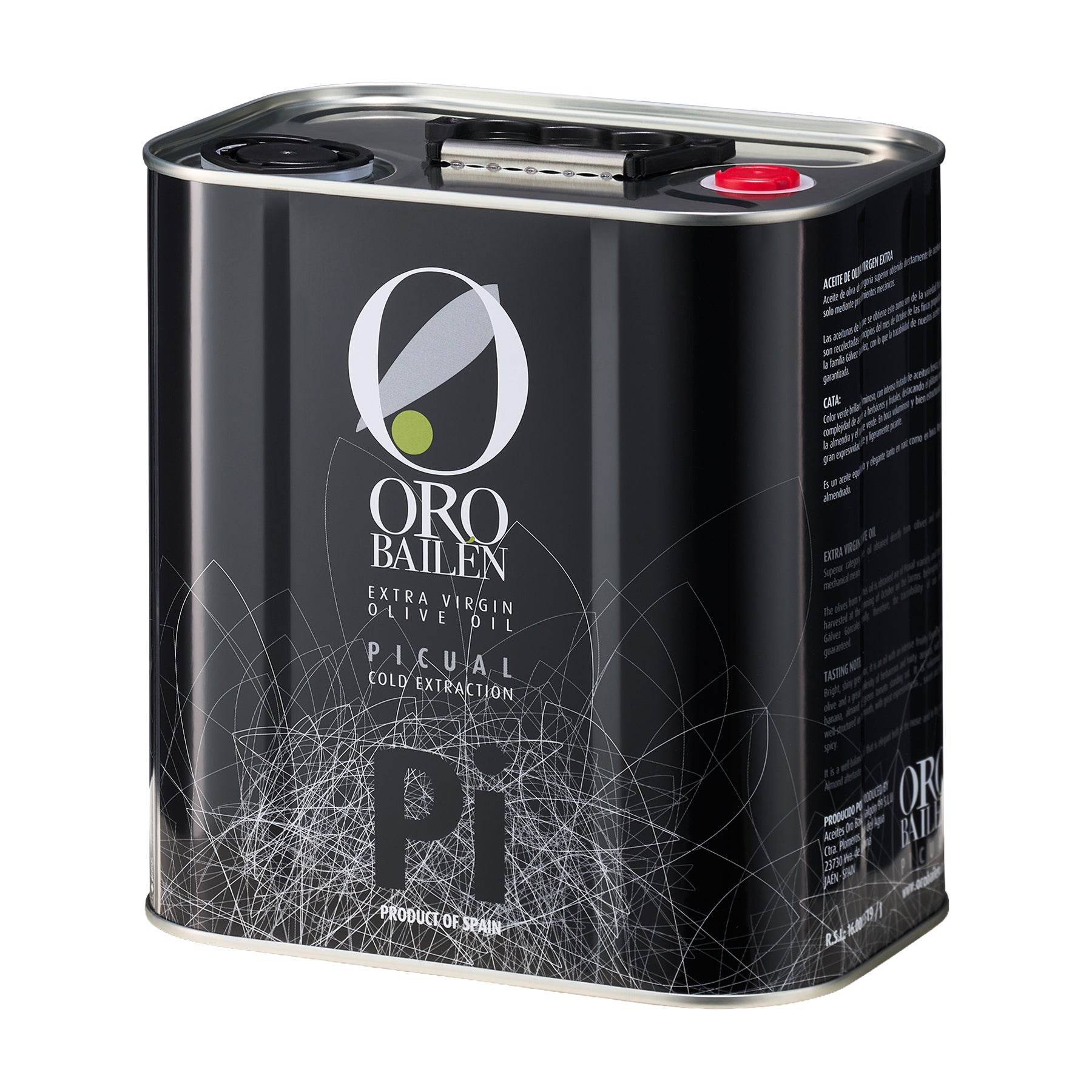 Angled view of Oro Bailen Reserva Familiar Picual 2.5L Tin. 