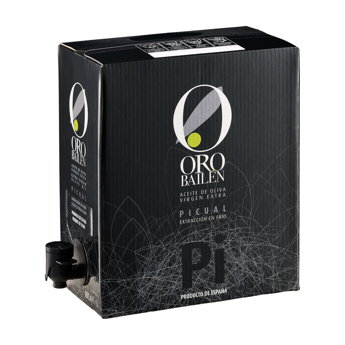 Oro Bailen Reserva Familiar Picual 3L bag-in-box with the spout extended.