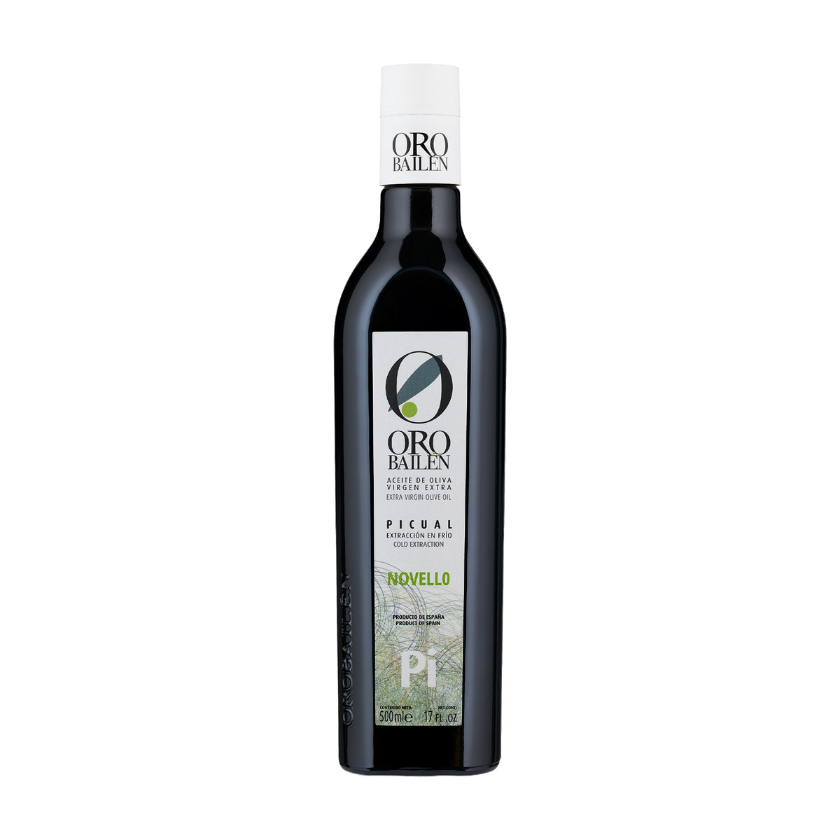 500 ml bottle of Oro Bailen Picual Novello extra virgin olive oil, from Andalusia, Spain.