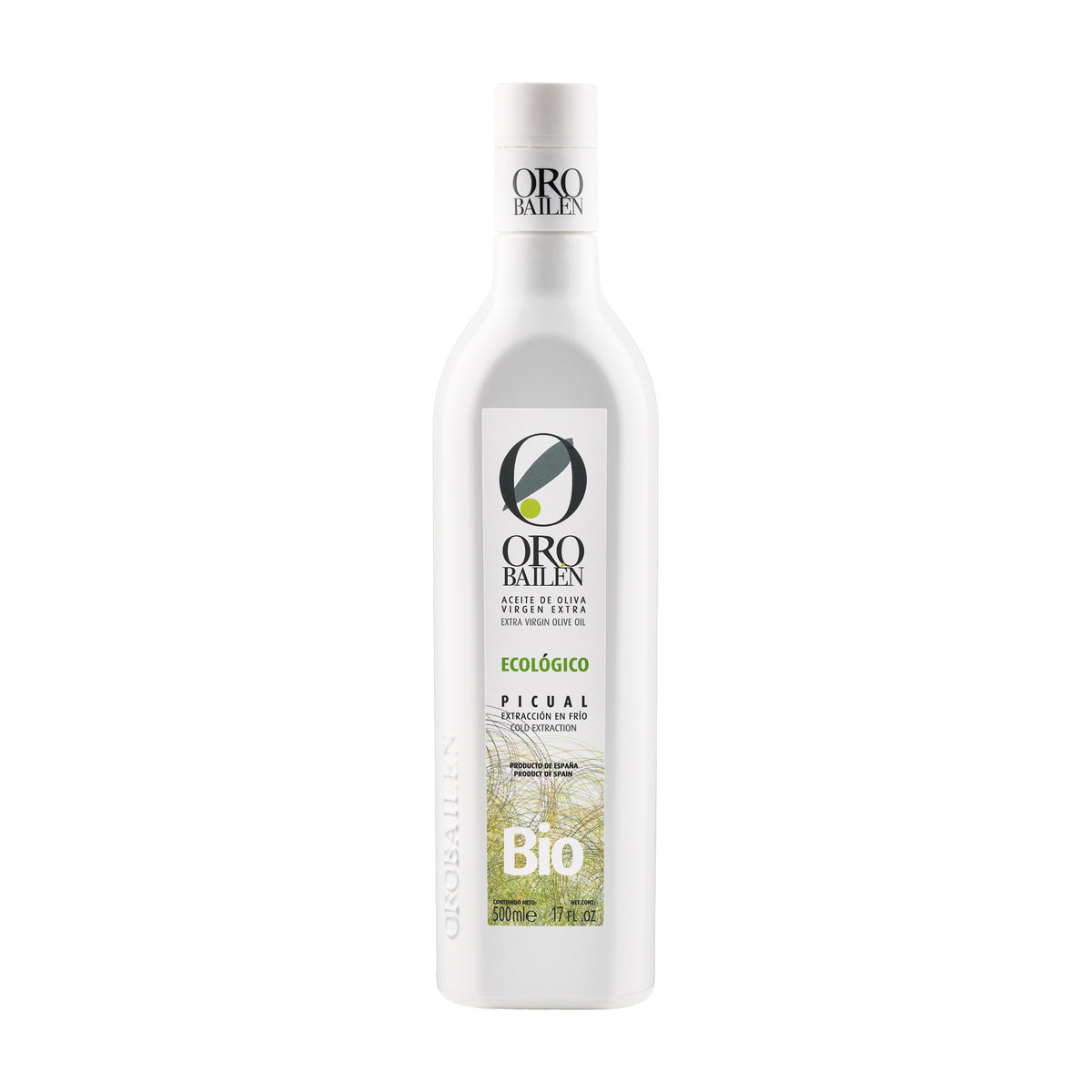 500 ml bottle of Oro Bailen Picual Organic extra virgin olive oil from Andalusia, Spain.