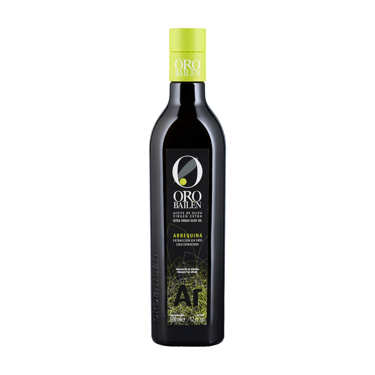 A 500 ml Oro Bailen Reserva Familiar Arbequina extra virgin olive oil bottle from Andalusia, Spain.
