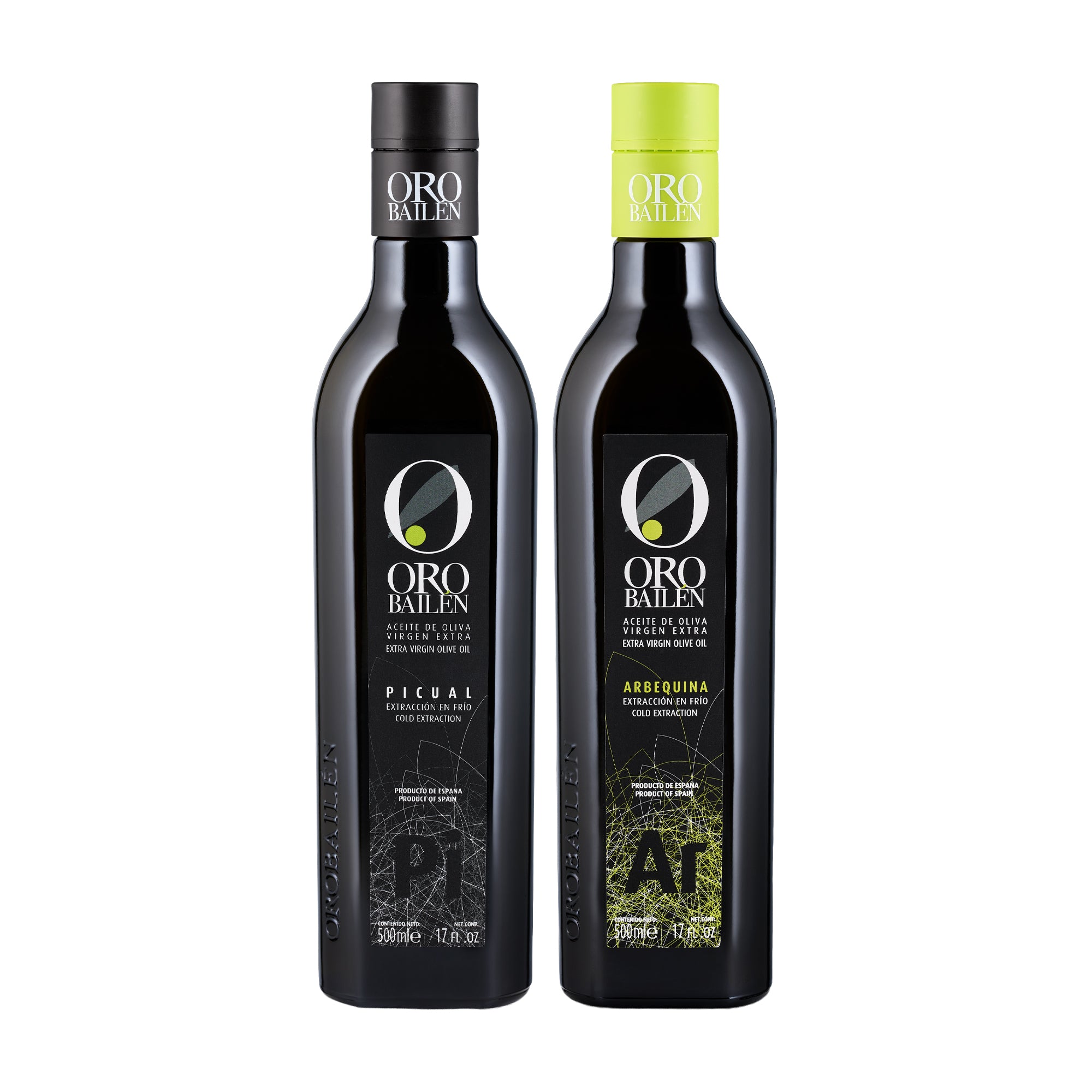 Two 500 ml bottles of Oro Bailen Reserva Familiar; Picual, and Arbequina.