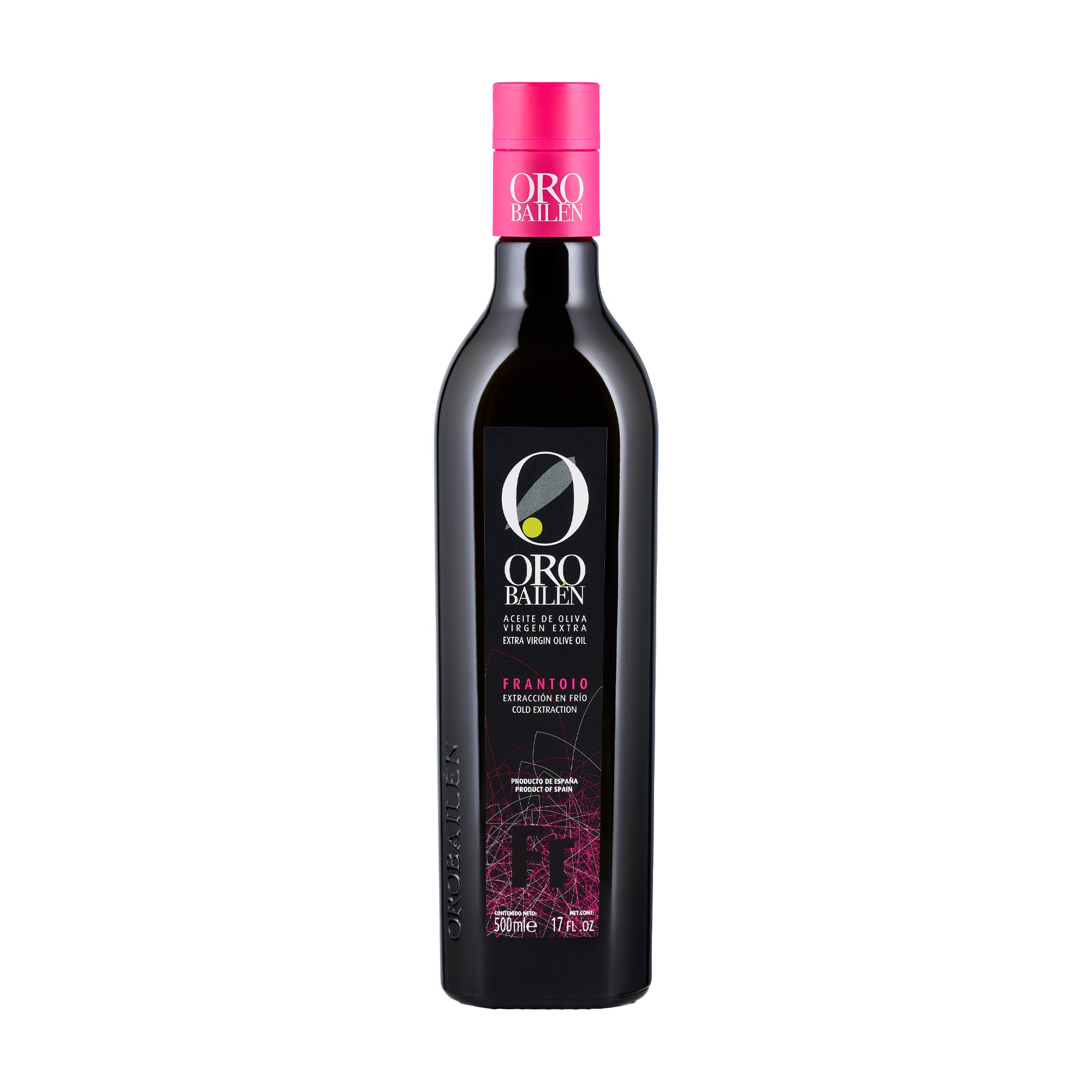 500 ml bottle of Oro Bailen Reserva Familiar Frantoio extra virgin olive oil from Andalusia, Spain.