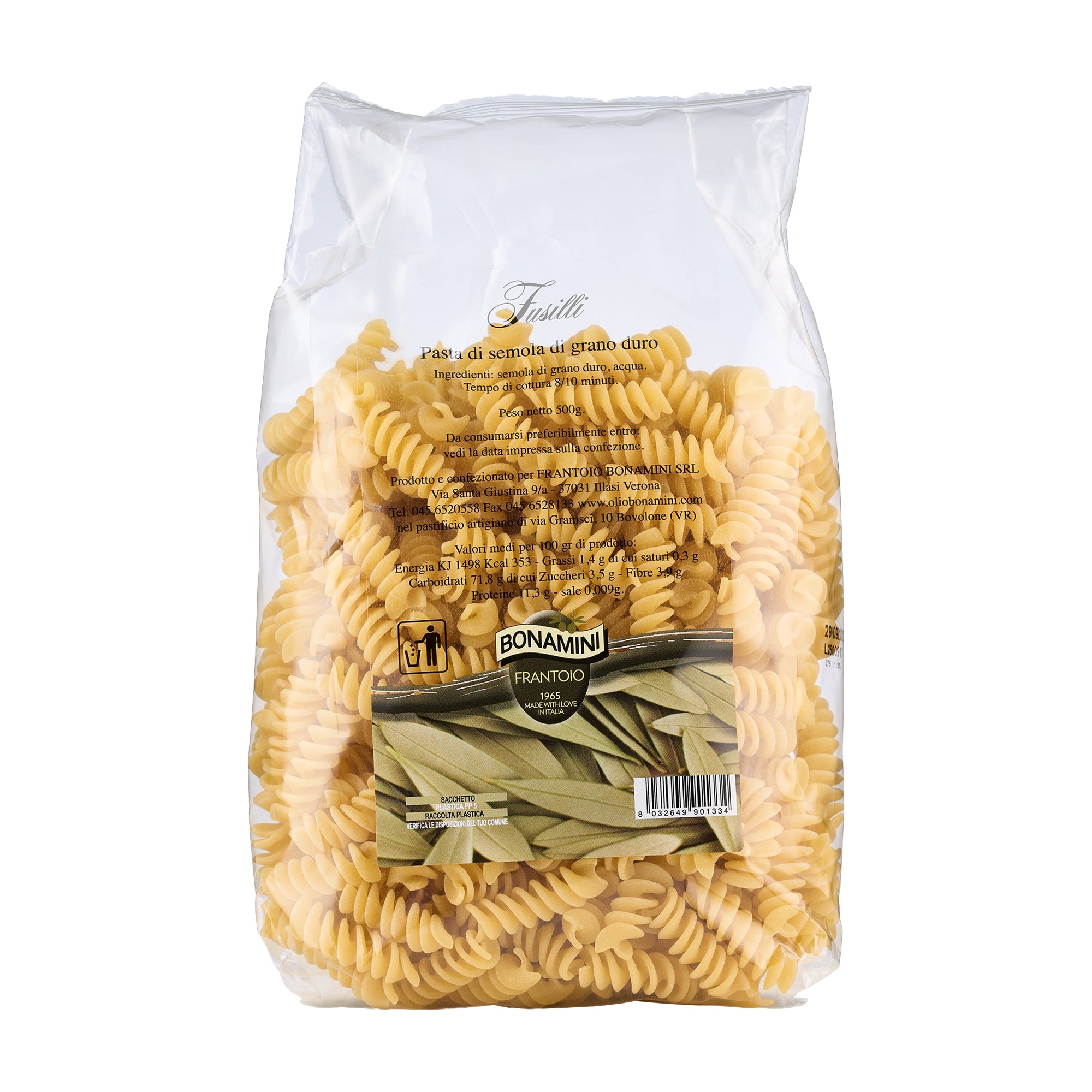 500 gr bag of Frantoio Bonamini Fusilli from Italy.