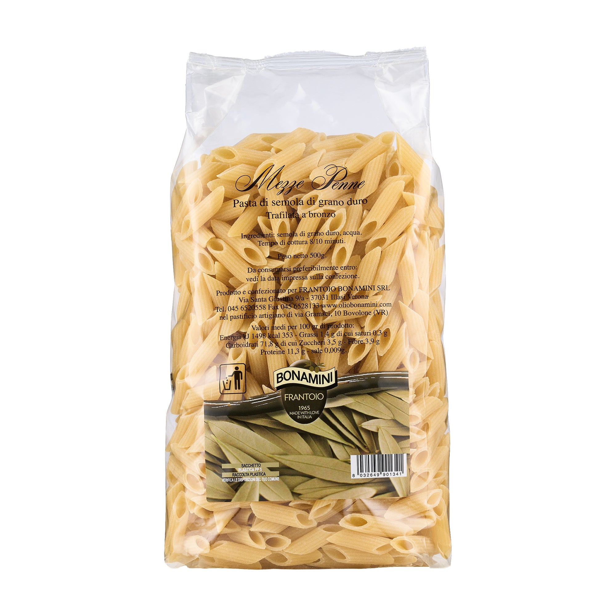 500gr bag of Frantoio Bonamini Mezze Penne from Italy.
