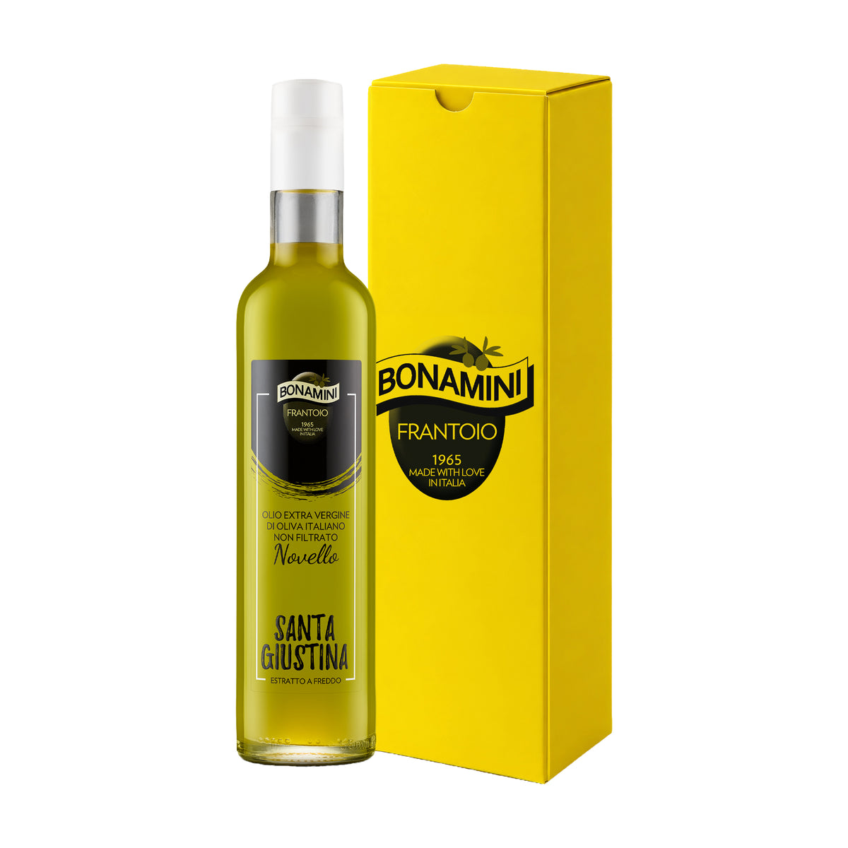 Bonamini Santa Giustina Novello 500 ml extra virgin olive oil bottle and its gift box.