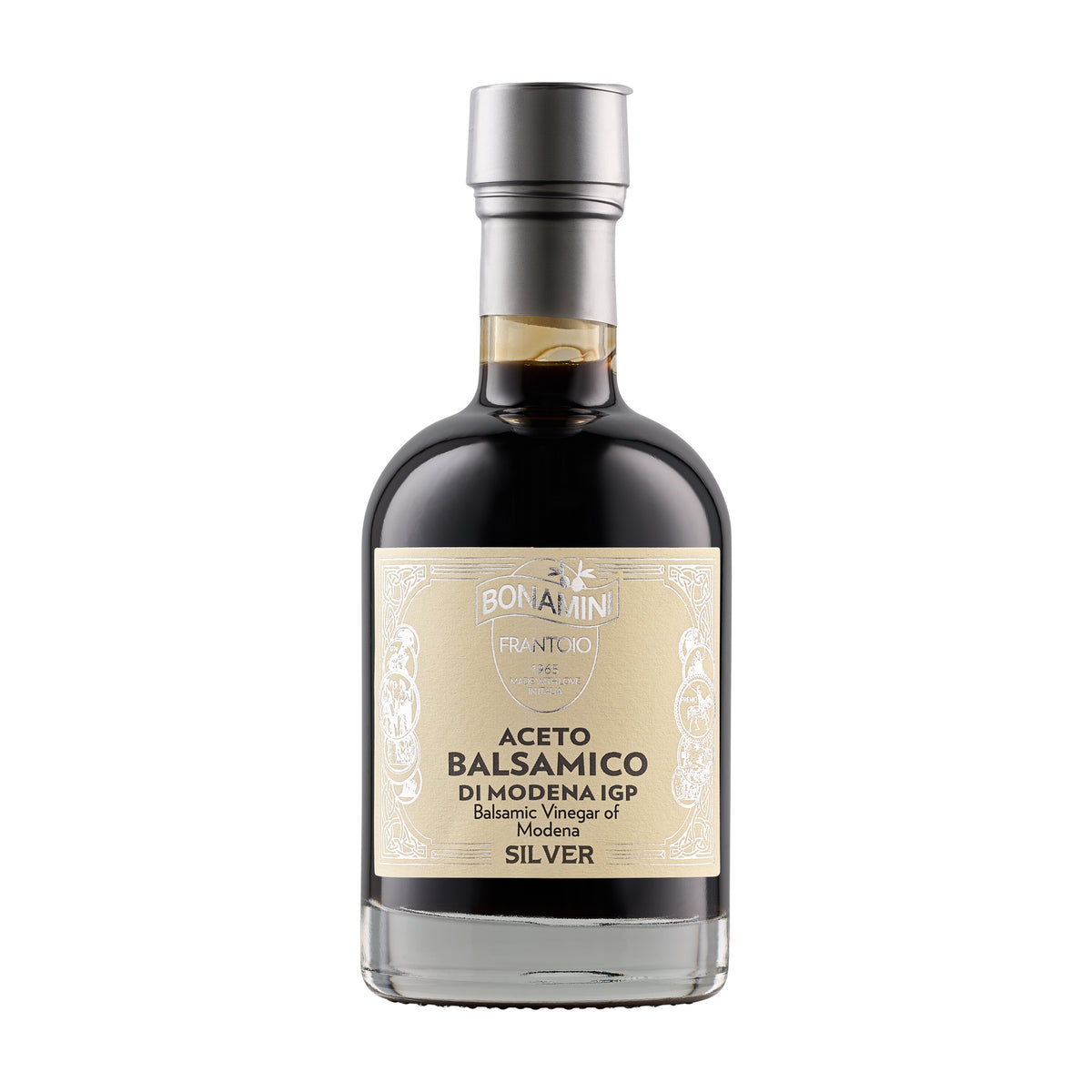Frantoio Bonamini Silver Label IGP Balsamic Vinegar of Modena in 250 ml bottle.