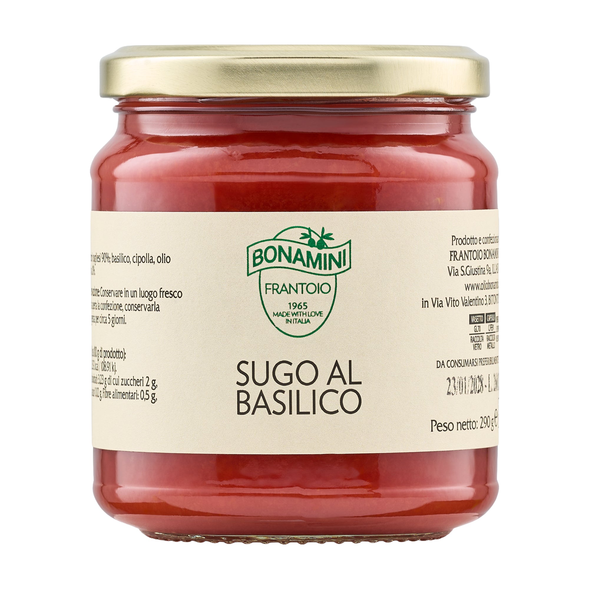 Frantoio Bonamini Tomato Sauce with Basil in a 280g jar.