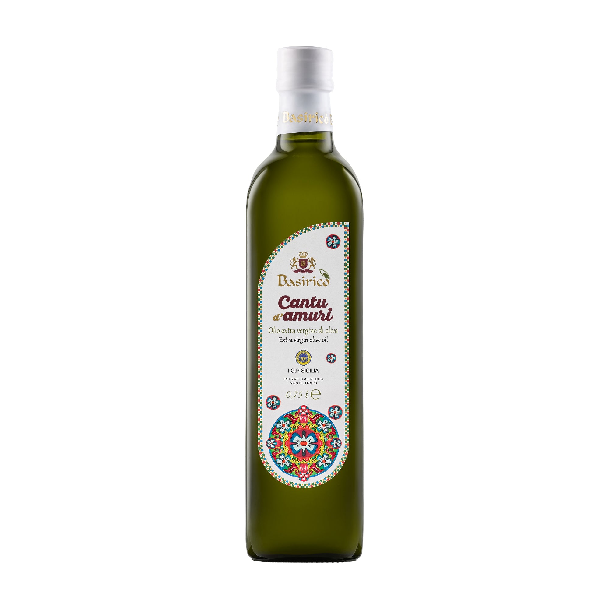 750 ml bottle of Basirico Cantu d'Amuri IGP Sicilia Unfiltered extra virgin olive oil.