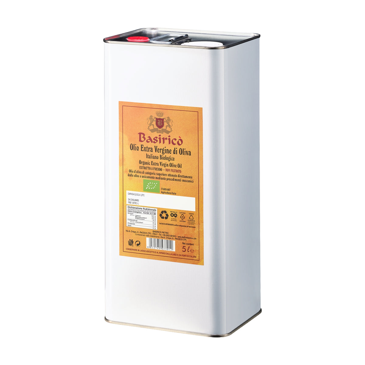 Angled view of Basirico Organic Unfiltered 5L Tin extra virgin olive oil from Sicily, Italy.