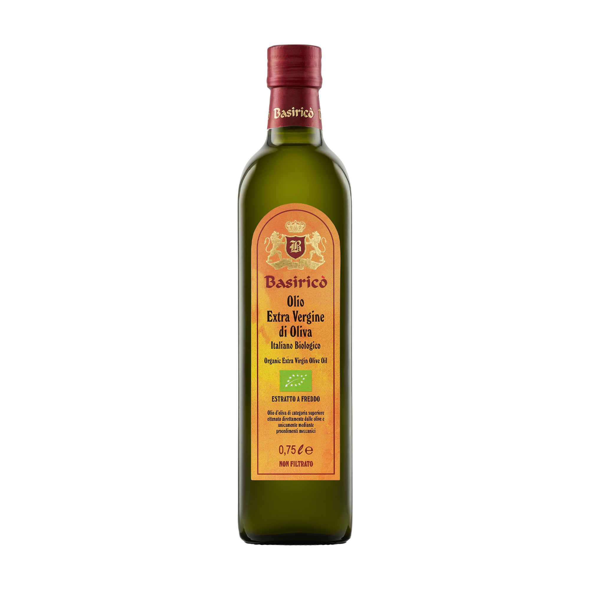 750ml bottle of Basiricò Organic Unfiltered extra virgin olive oil from Sicily, Italy.
