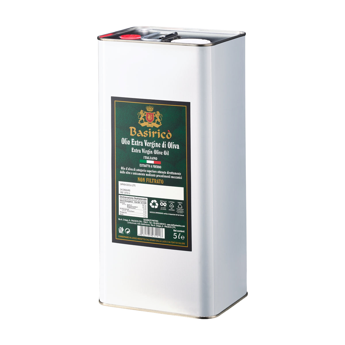 Angled view of Basirico Unfiltered 5L Tin extra virgin olive oil from Sicily, Italy.