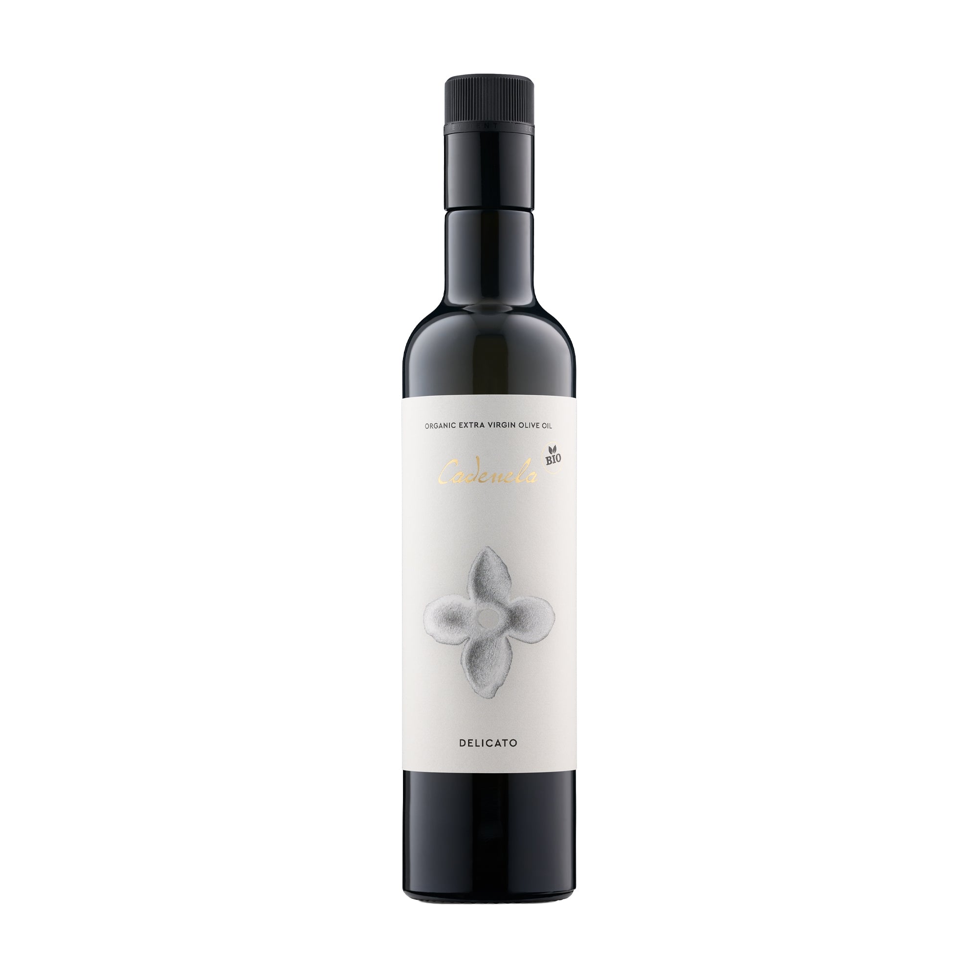 500 ml bottle of Cadenela Delicato Organic extra virgin olive oil.