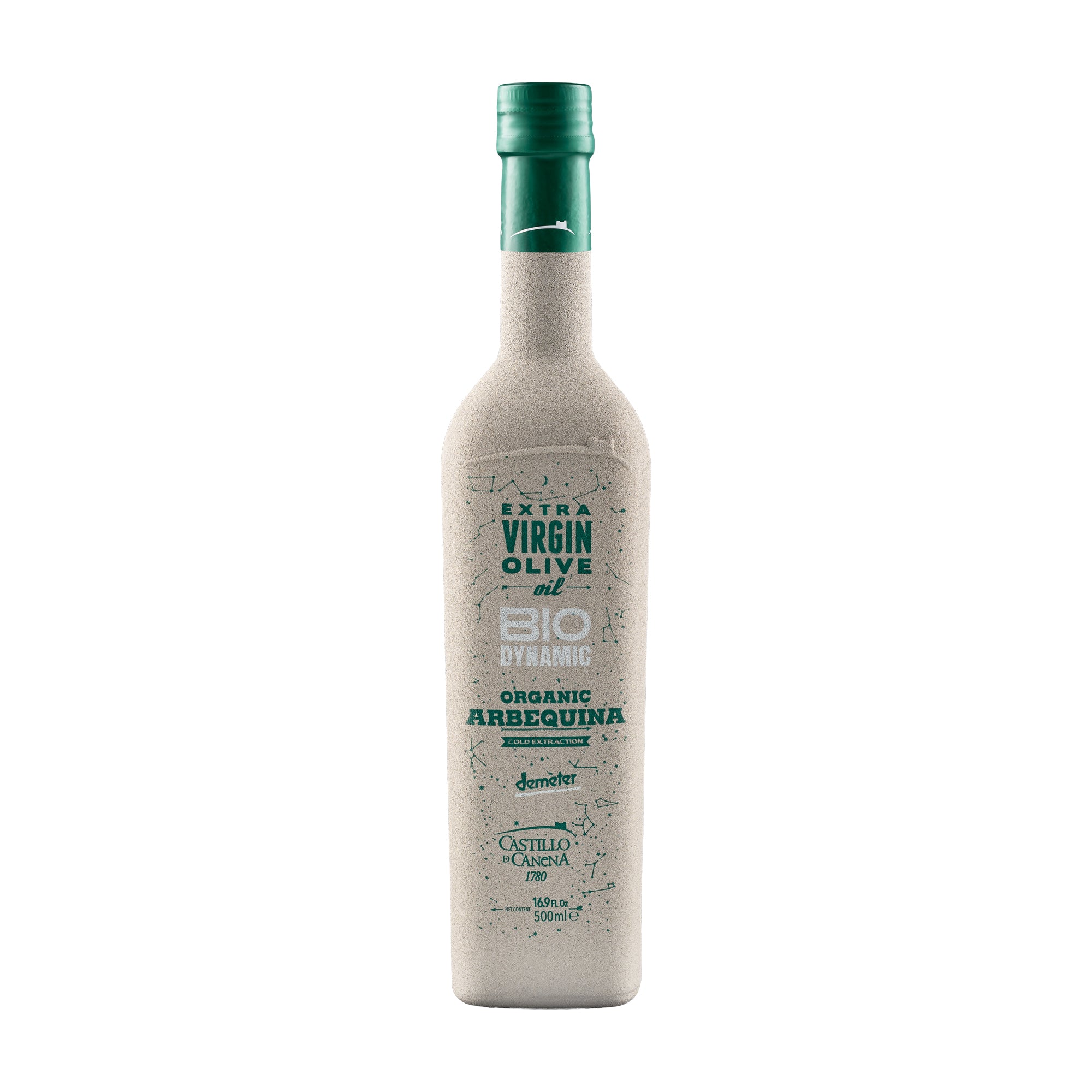 500 ml bottle of Castillo de Canena Biodynamic Arbequina extra virgin olive oil.