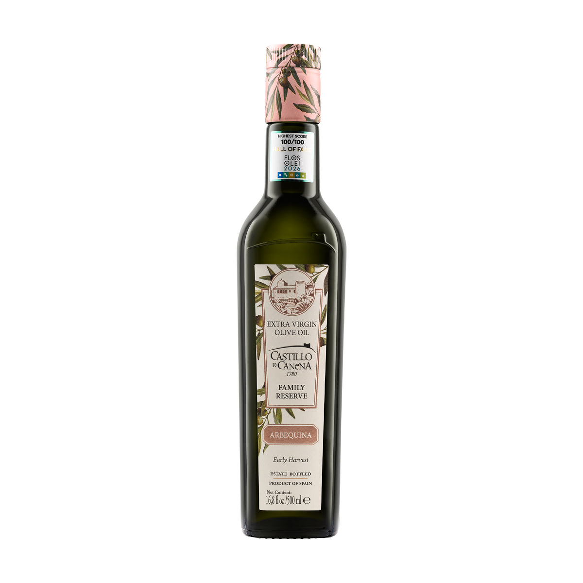 Castillo de Canena Family Reserve Arbequina 500 ml extra virgin olive oil bottle from Andalusia, Spain.