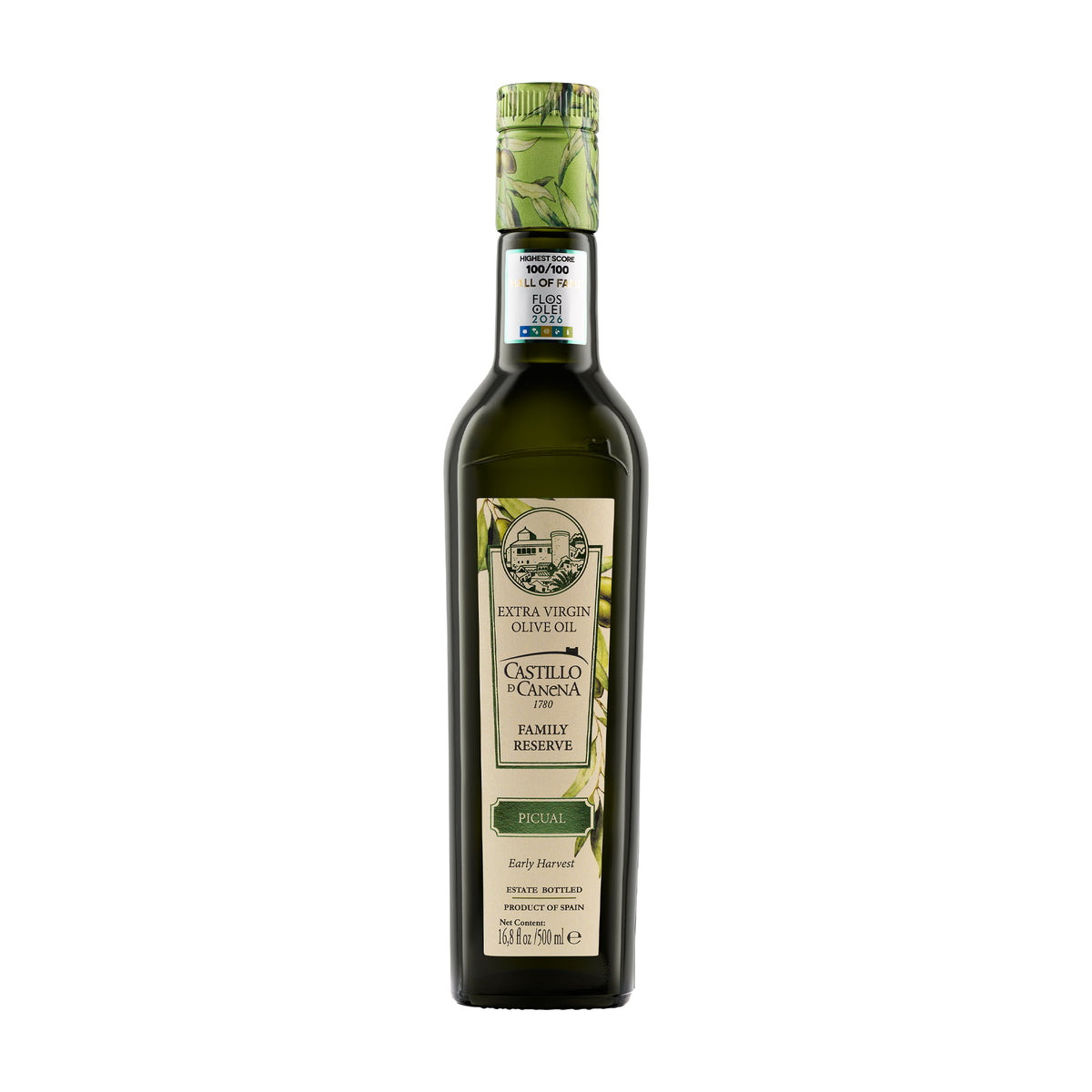 A 500 ml bottle of Castillo de Canena Family Reserve Picual extra virgin olive oil from Andalusia, Spain.