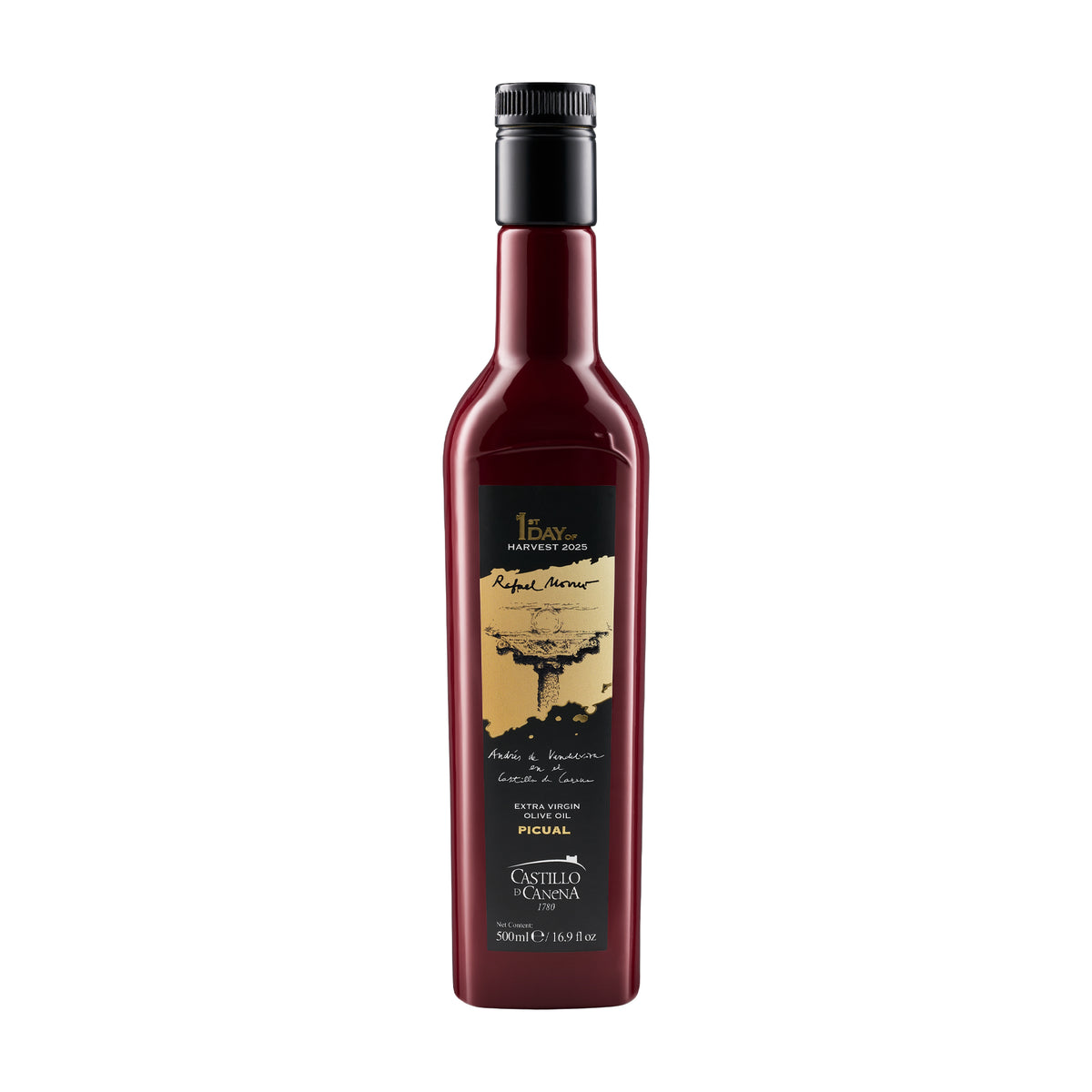 A 500 ml bottle of Castillo de Canena First Day Harvest Picual extra virgin olive oil from Andalusia, Spain.