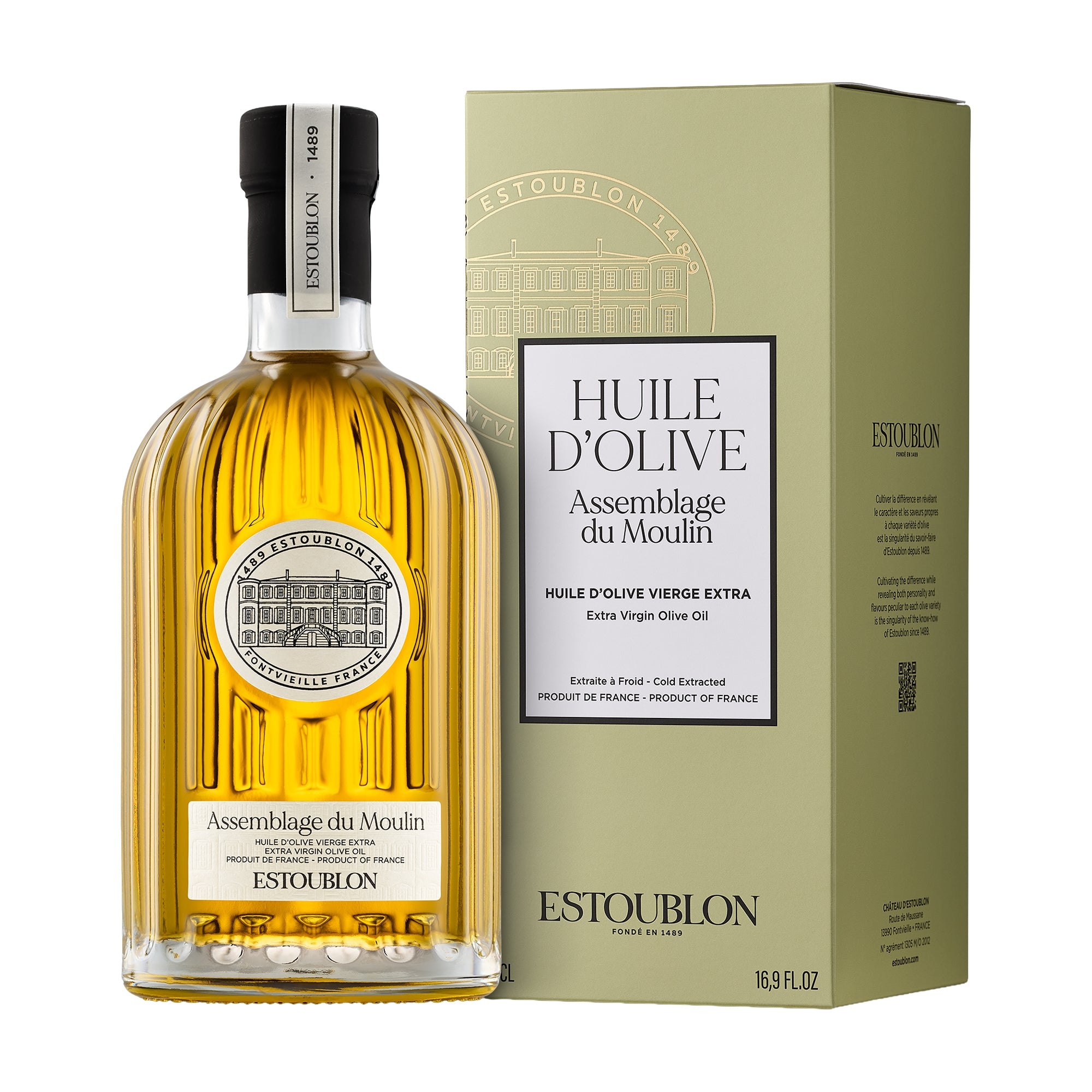 500 ml bottle of Estoublon Assemblage du Moulin extra virgin olive oil and its gift box.
