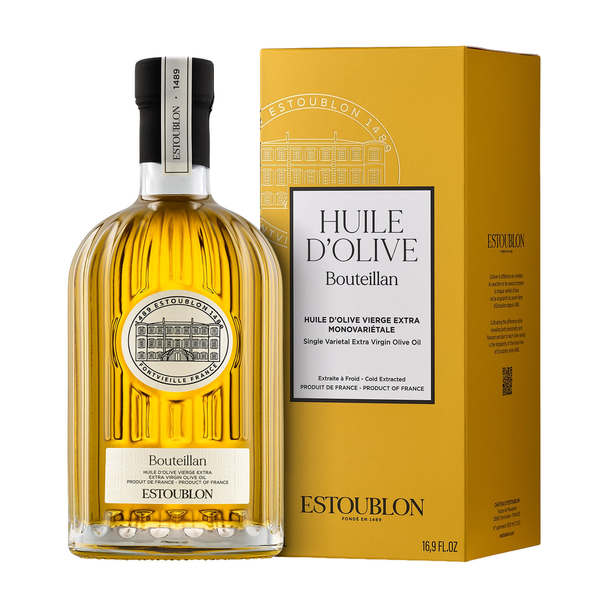 500 ml bottle of Estoublon Bouteillan extra virgin olive oil with its gift box.