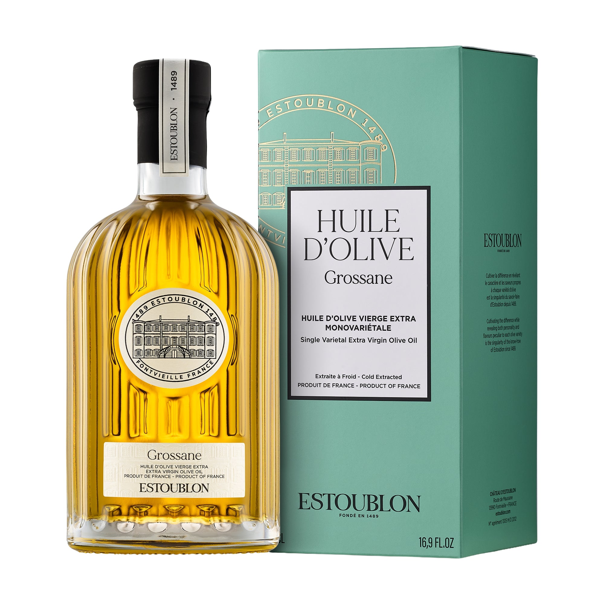 Estoublon Grossane extra virgin olive oil, 500 ml bottle with its gift box.
