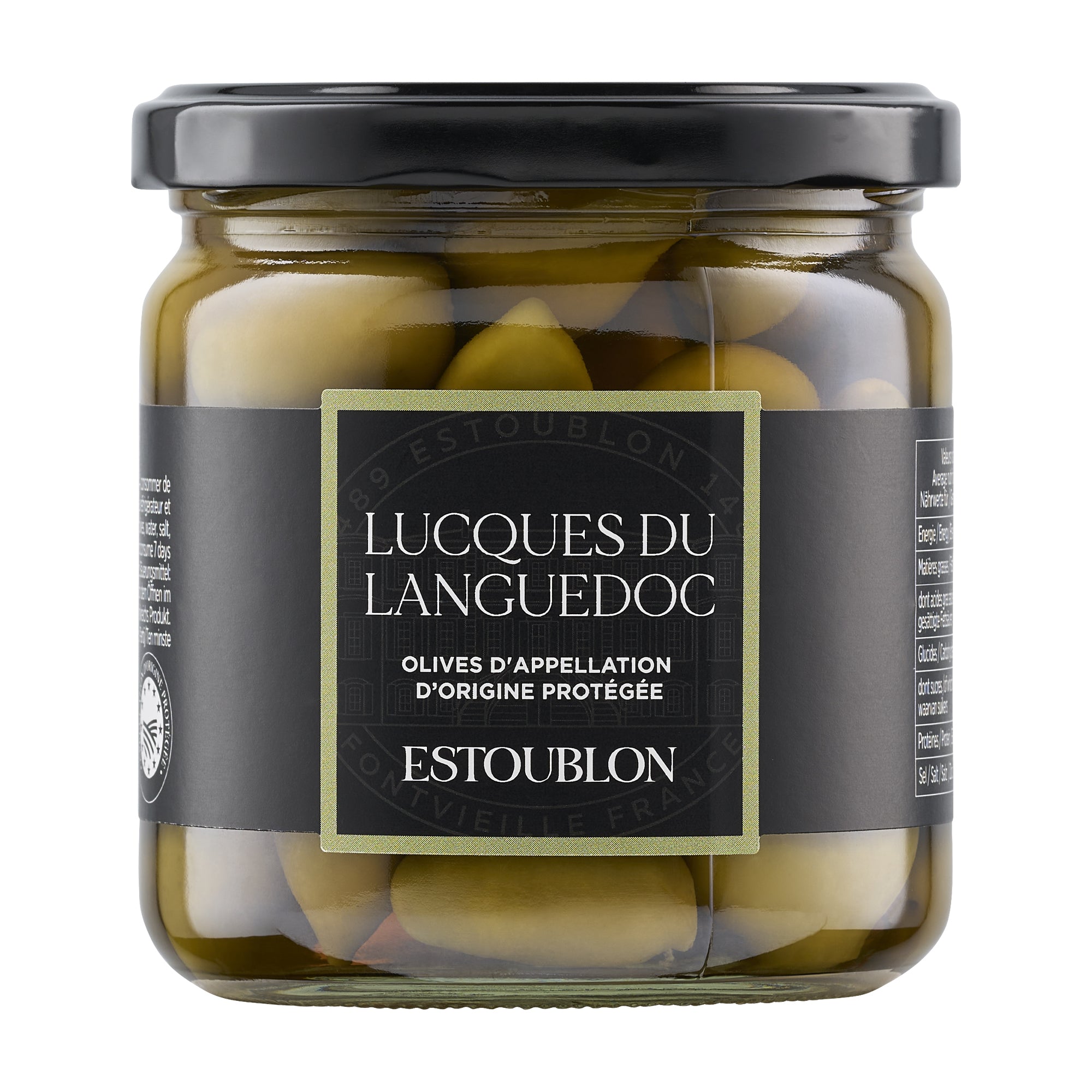 Estoublon Lucques Olives de Languedoc AOP from France in a 380g glass jar.