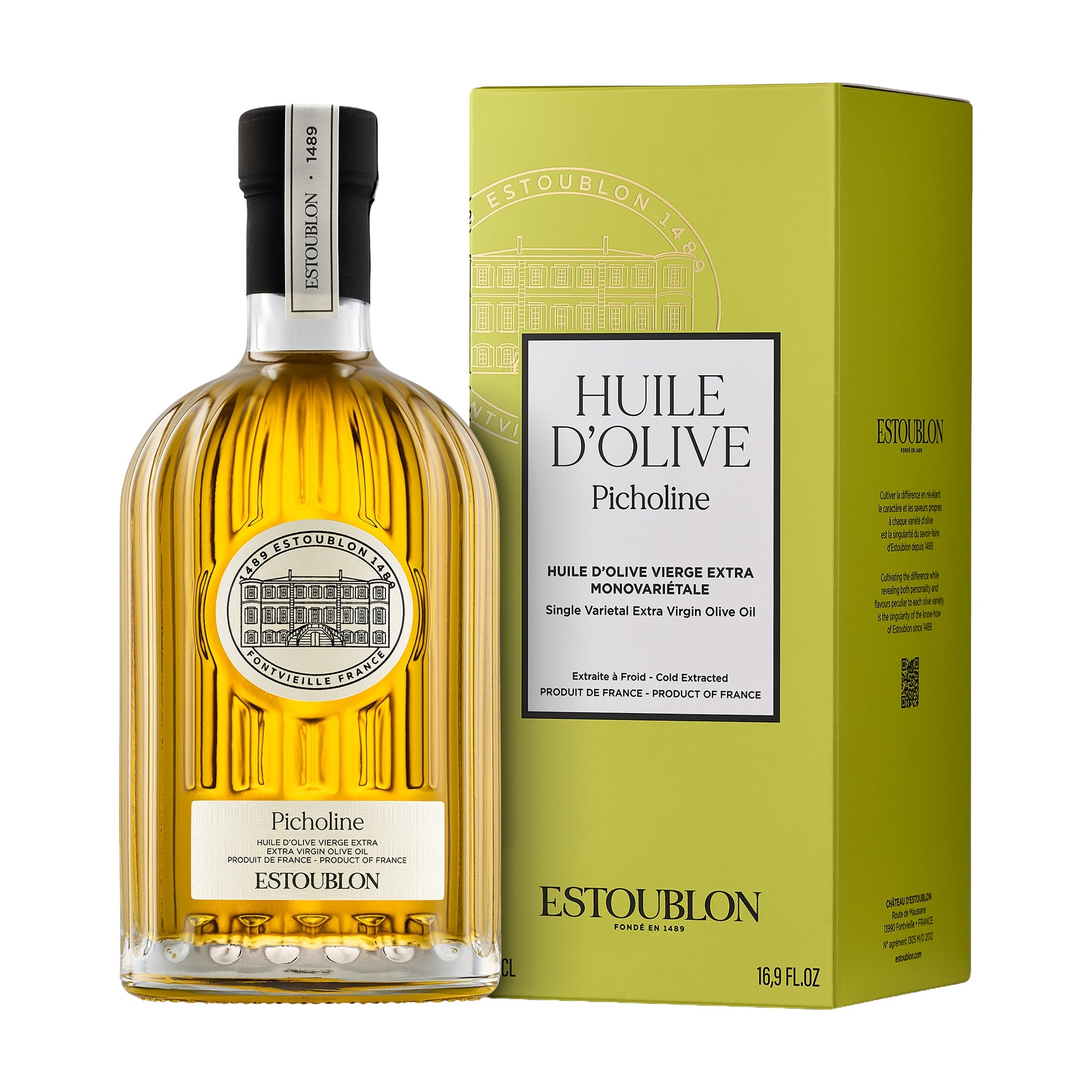 Estoublon Picholine 500 ml French extra virgin olive oil bottle beside its elegant gift box.