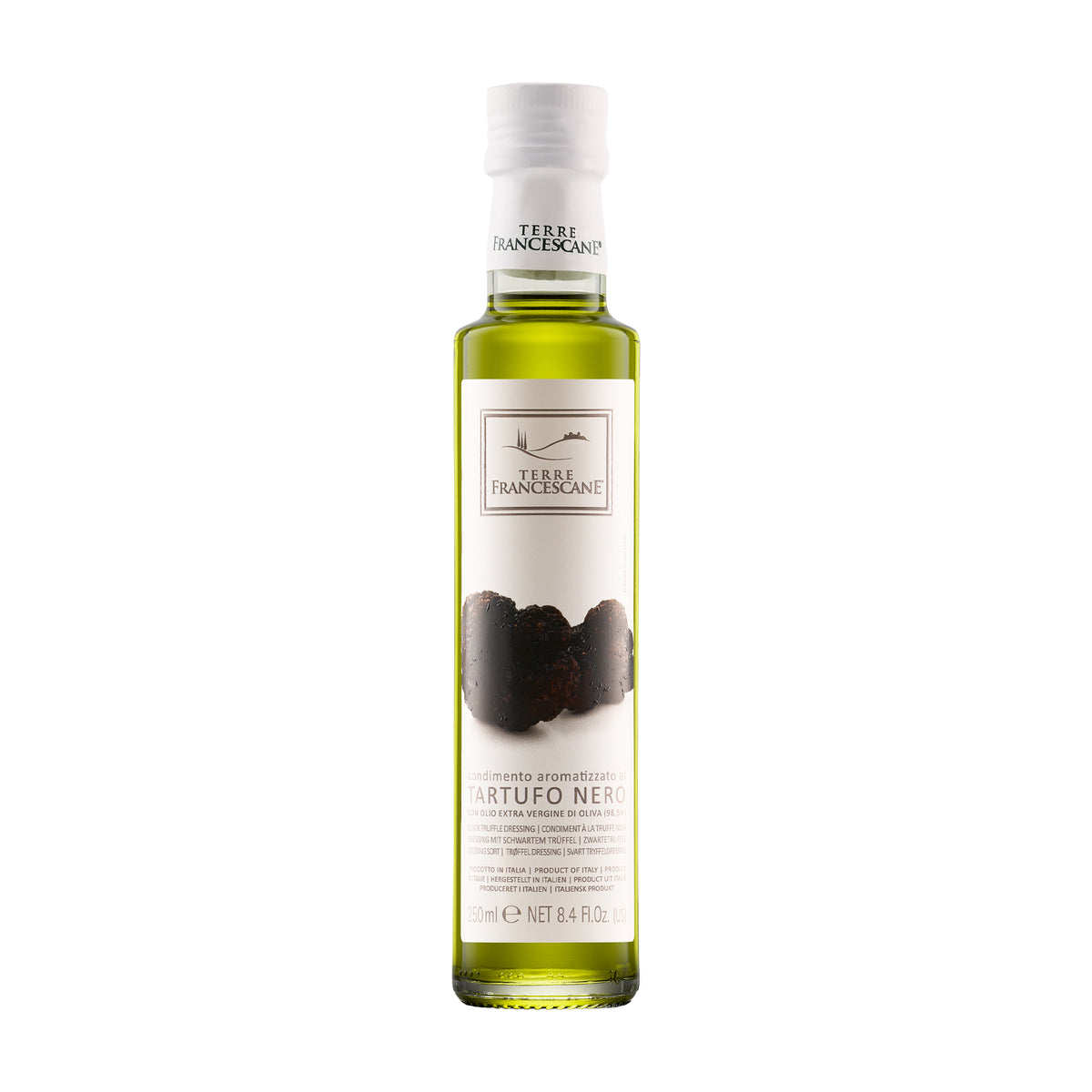 250 ml bottle of Terre Francescane Black Truffle extra virgin olive oil.
