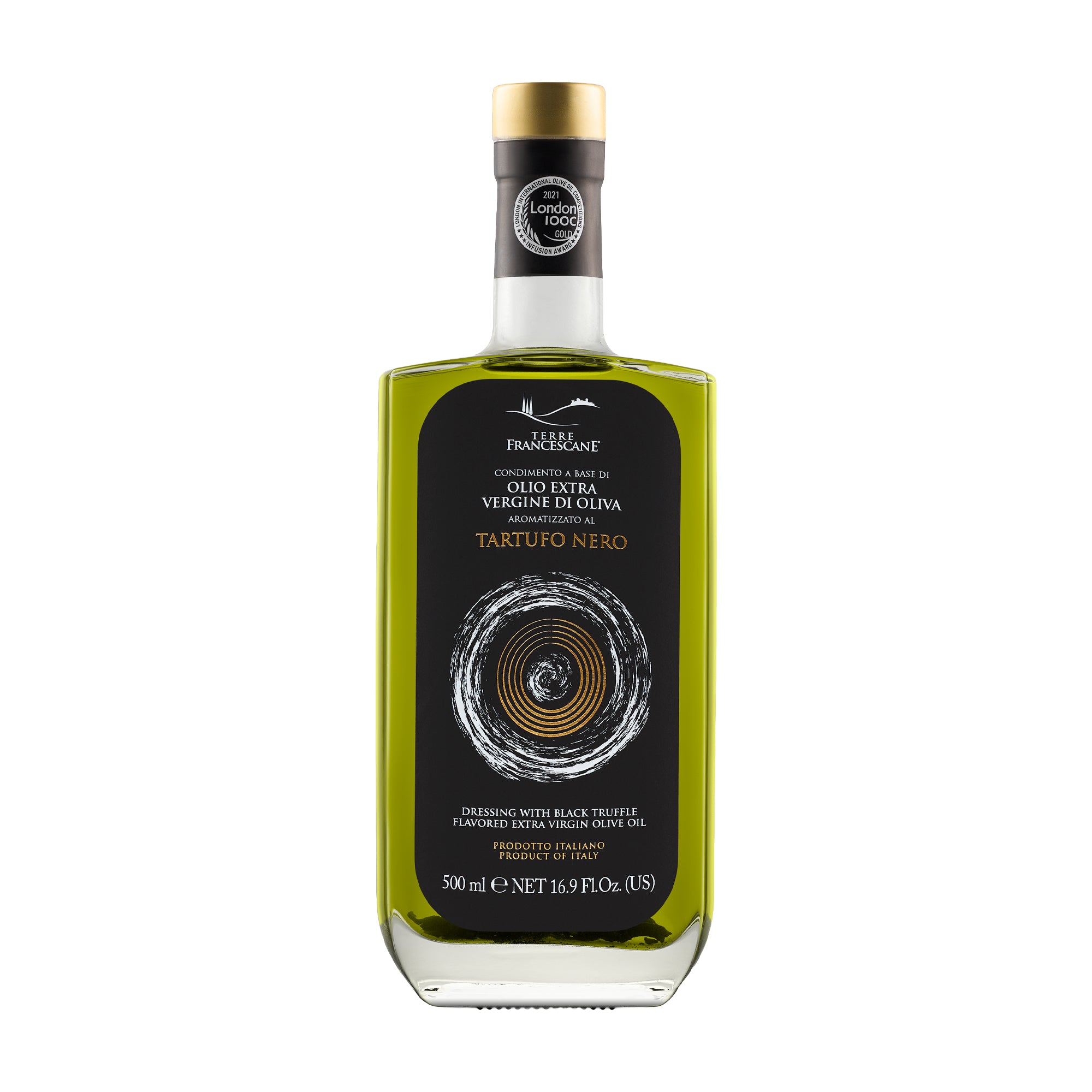 Terre Francescane Black Truffle 500 ml flavored extra virgin olive oil from Umbria, Italy.