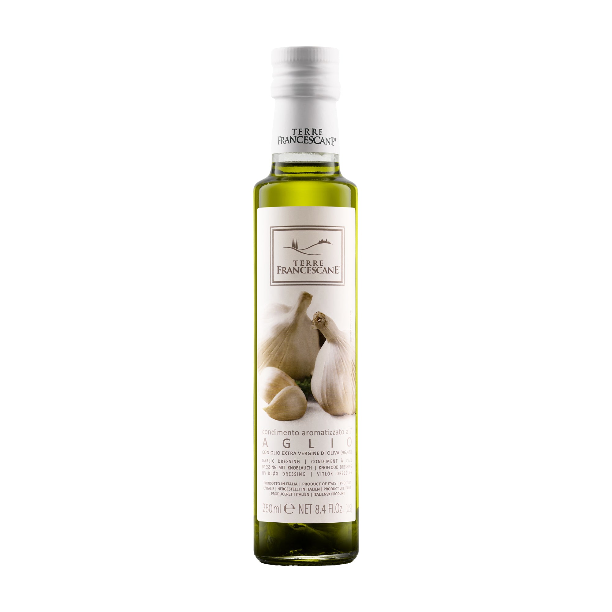 250 ml bottle of Terre Francescane Garlic infused extra virgin olive oil from Umbria, Italy.